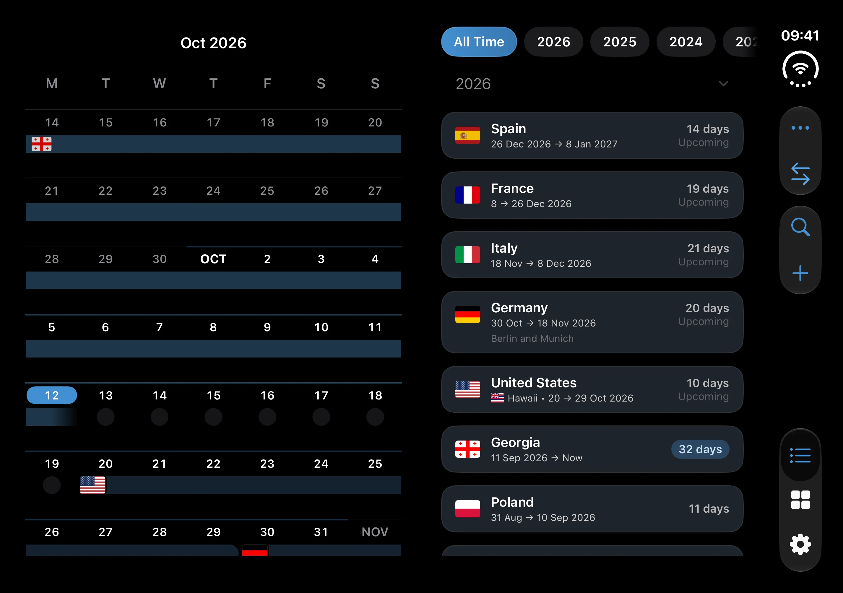 Cronologia di iPhone Duo aperto con calendario ed elenco dei soggiorni affiancati e il pulsante di scambio nella colonna laterale