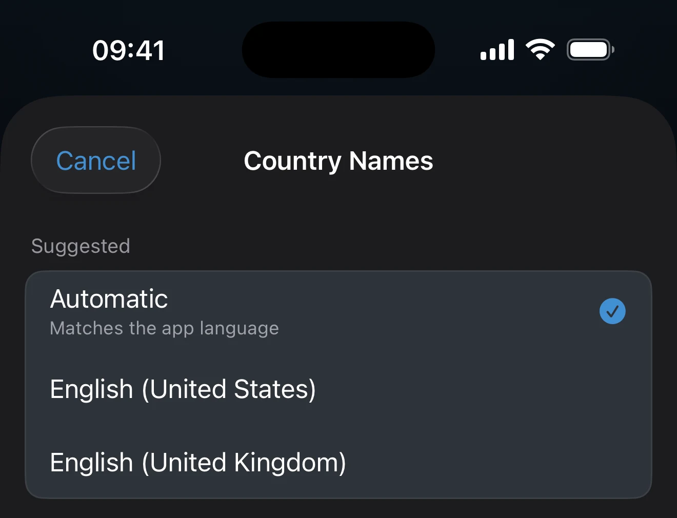 Country Names language picker