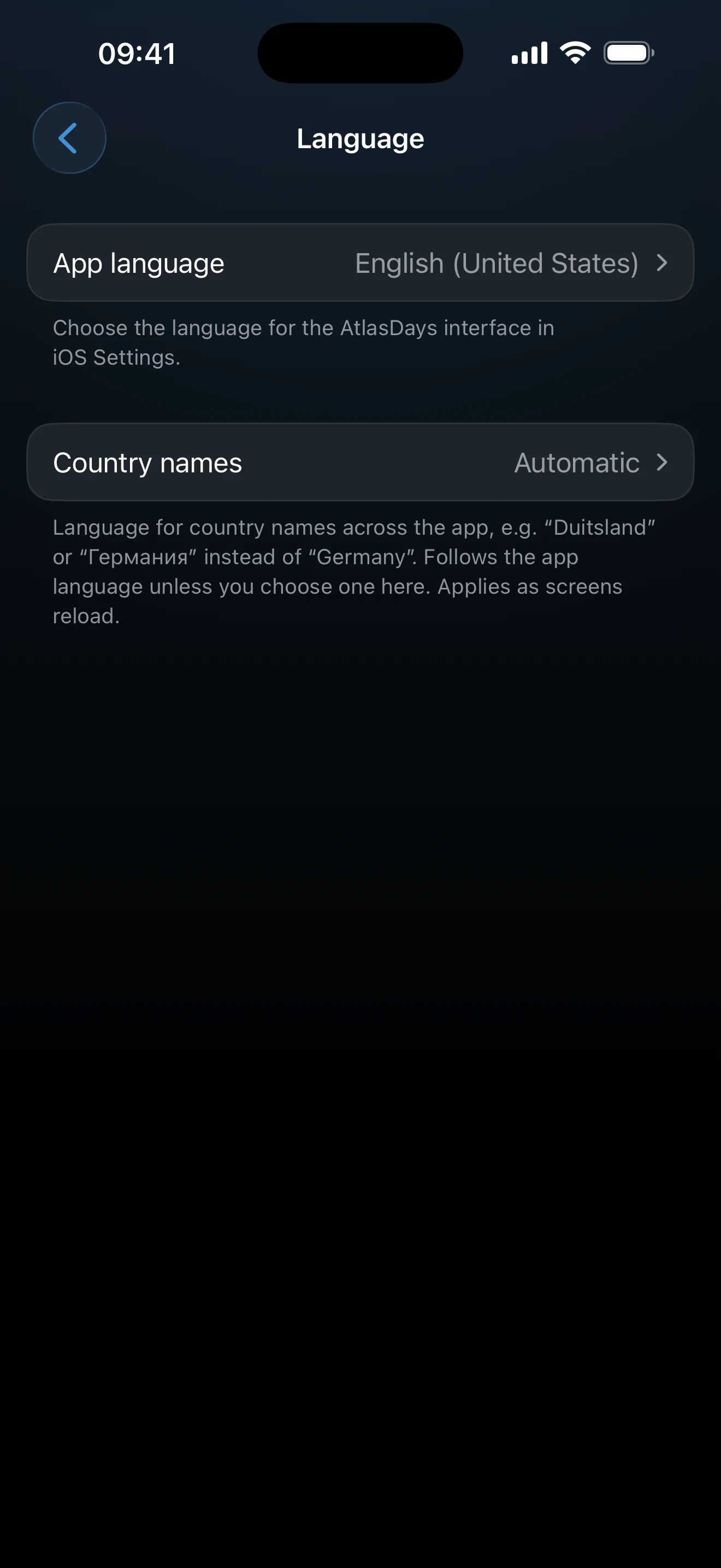 Language settings showing interface and country-name choices
