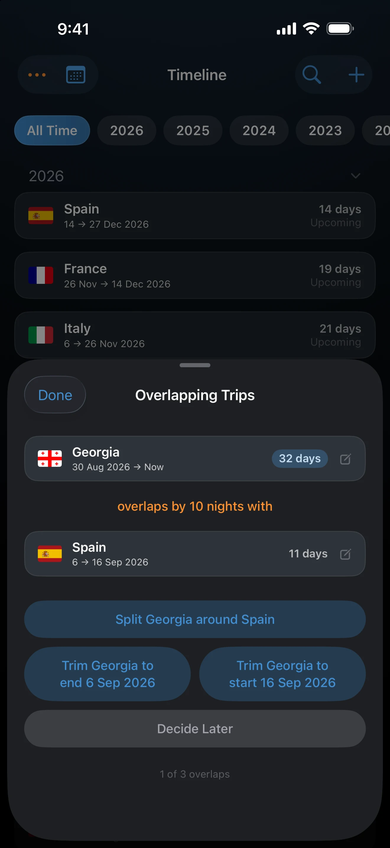 Overlapping Trips sheet with trim options for two trips