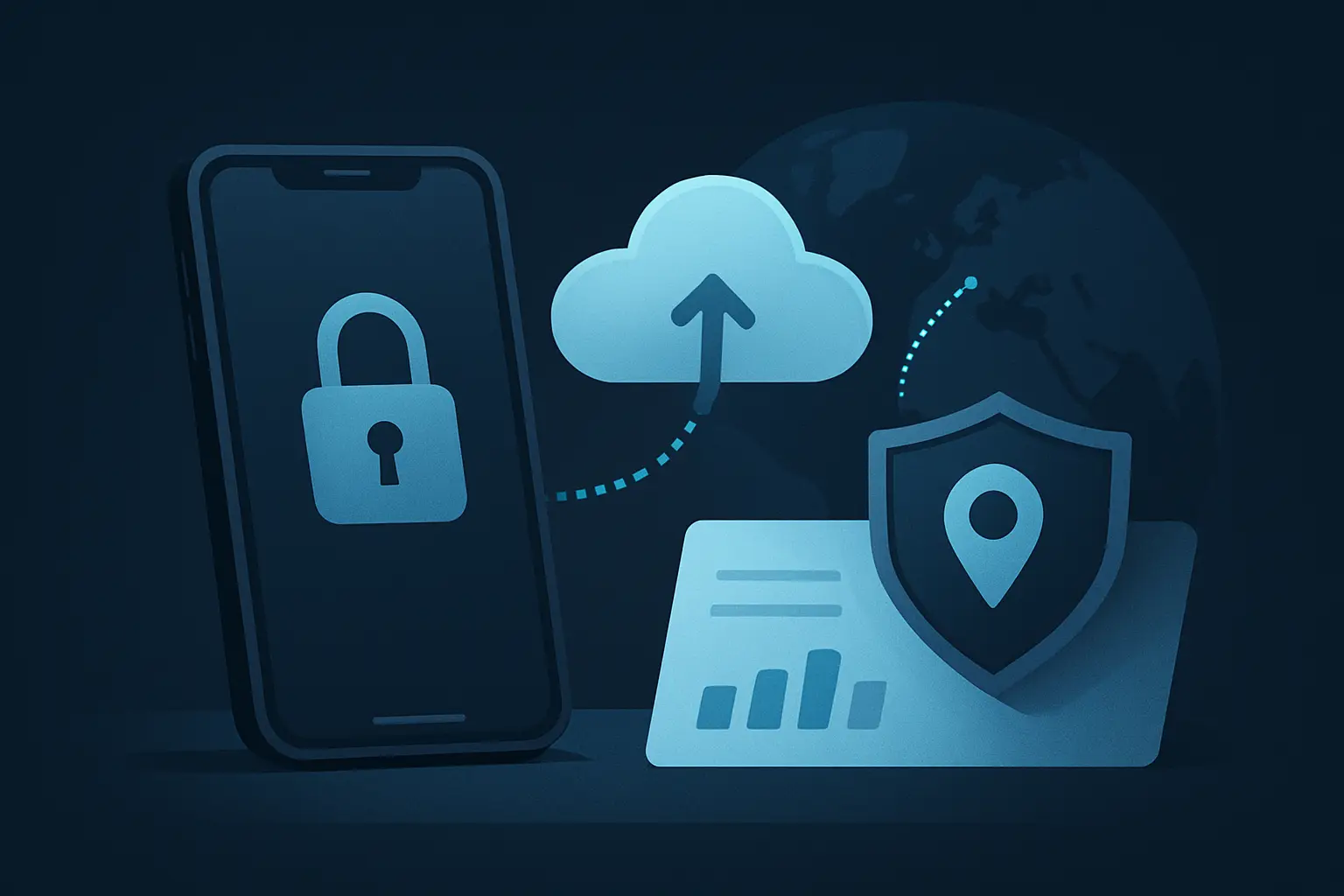 Hero illustration for Privacy, Location, and Sync, showing locked-device privacy, optional cloud sync, and location-pin motifs in the AtlasDays visual style.