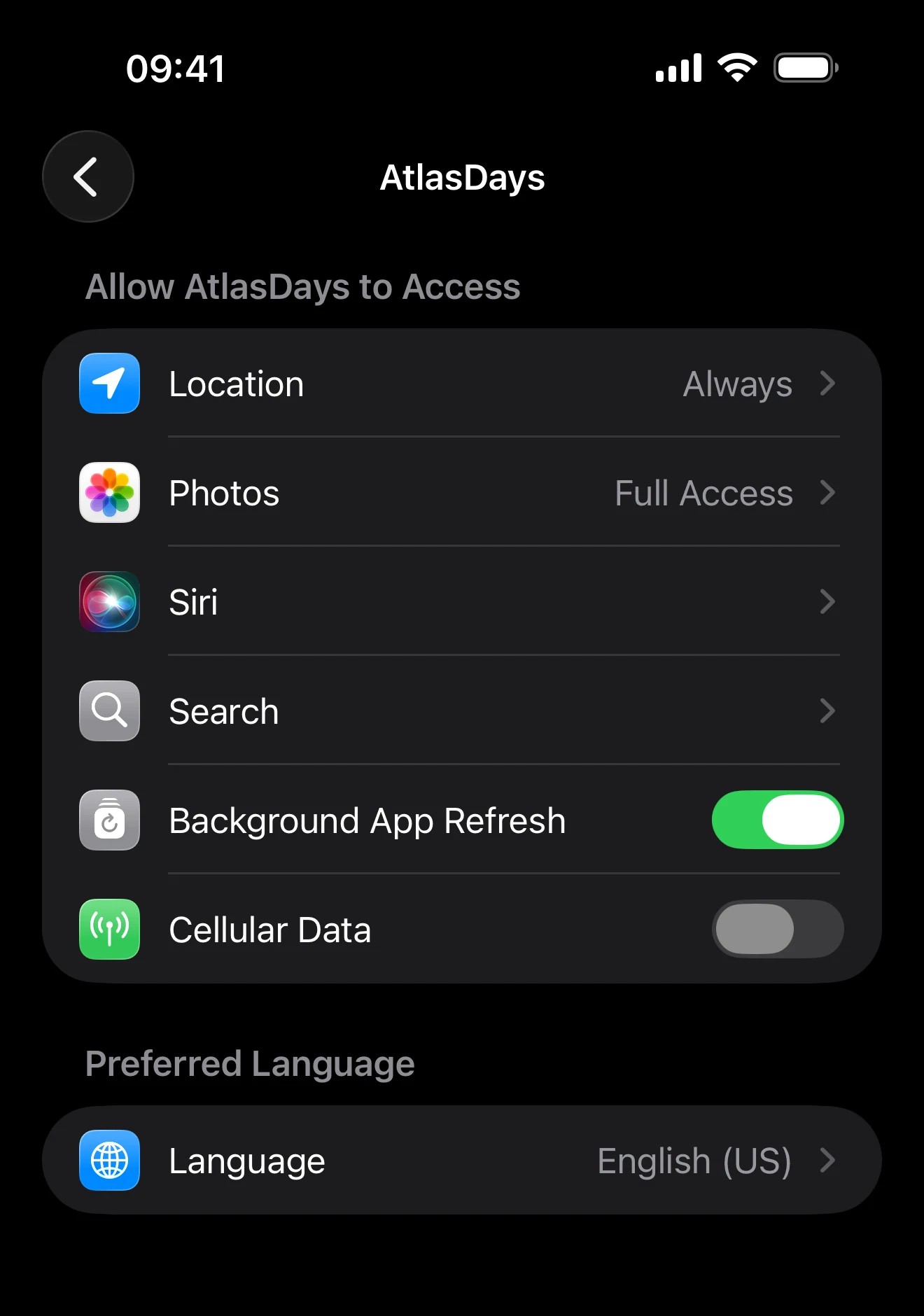 「位置情報」「写真」などの許可が並ぶ、iOSの設定内のAtlasDaysのページ