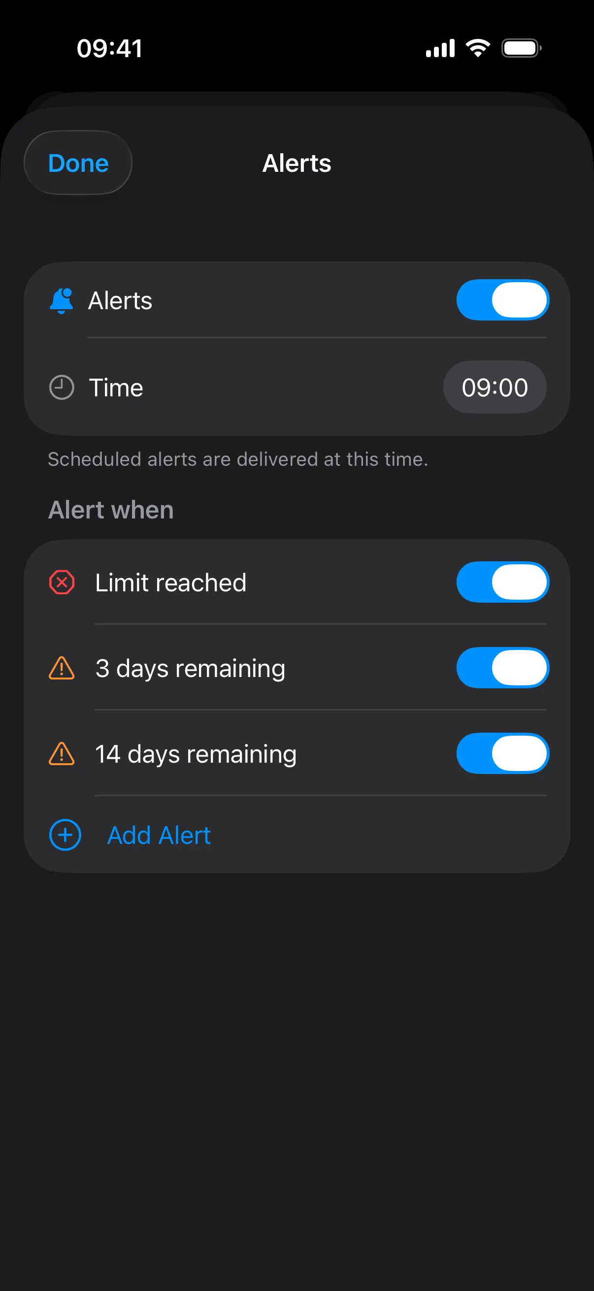 Alerts screen showing configurable alert time and warning thresholds