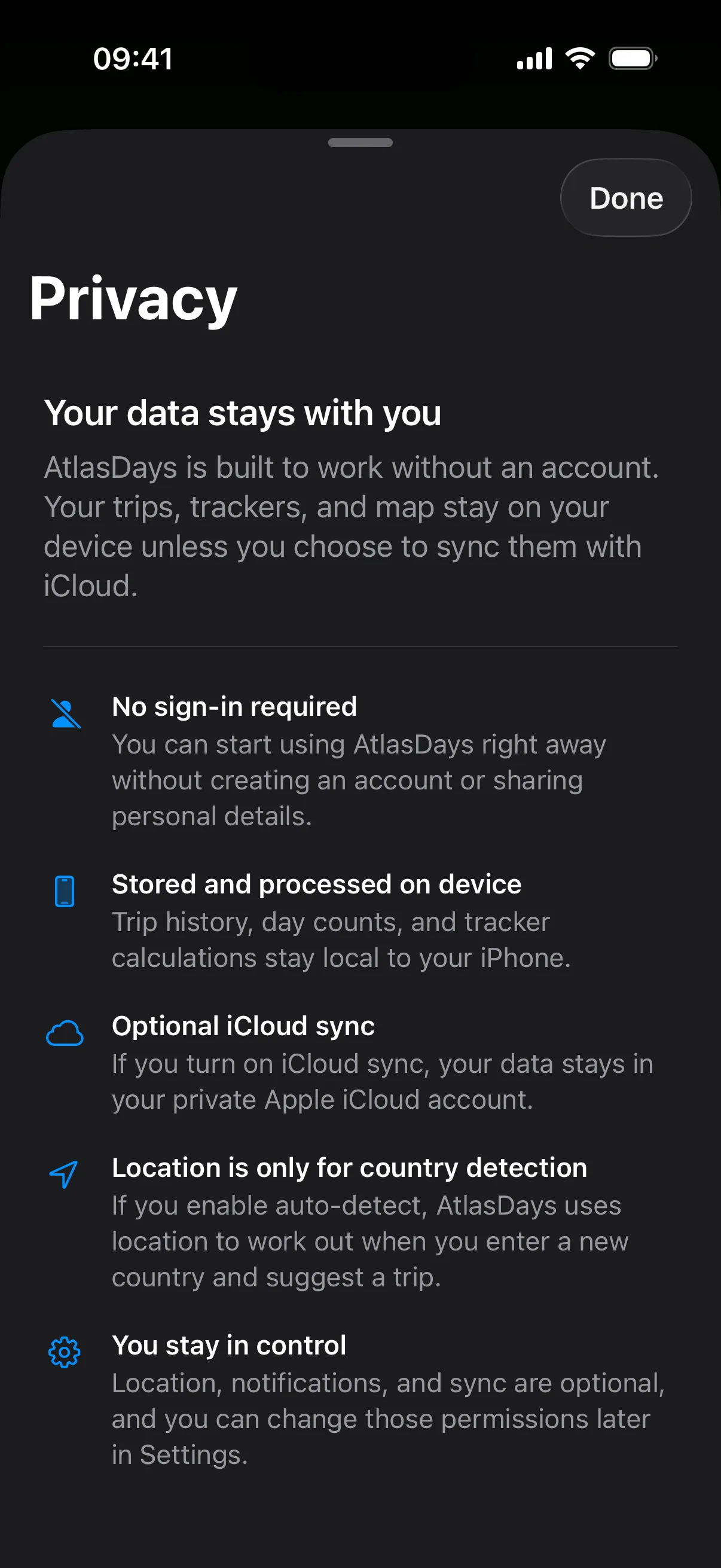 Privacy screen explaining on-device storage, no sign-in, optional iCloud sync, and country-detection-only location use