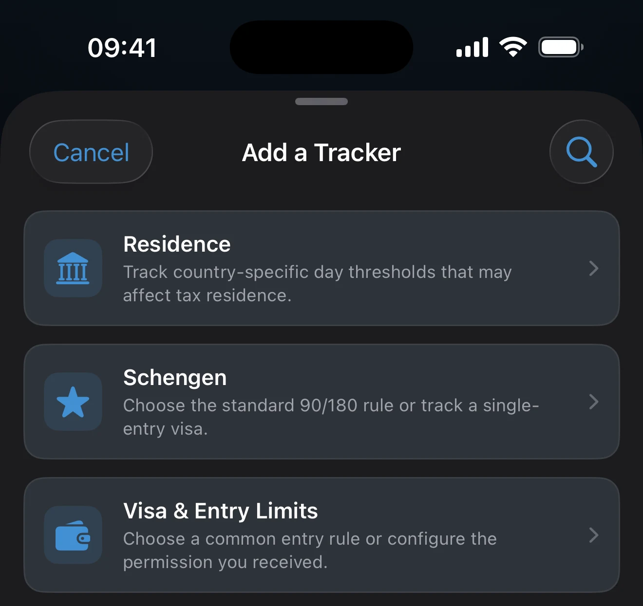 Add Tracker category picker with the Schengen category