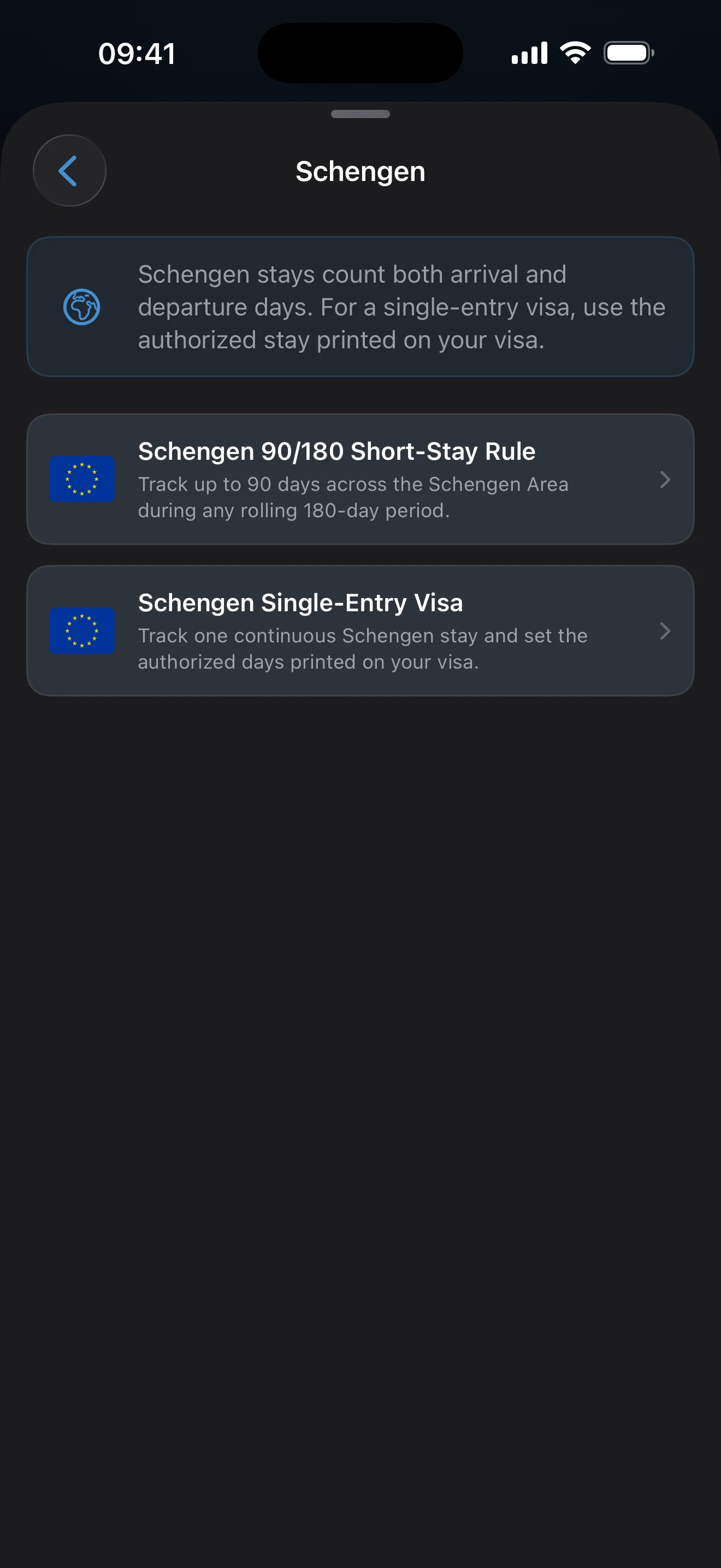 Schengen preset list showing 90/180 Short-Stay Rule and Single-Entry Visa