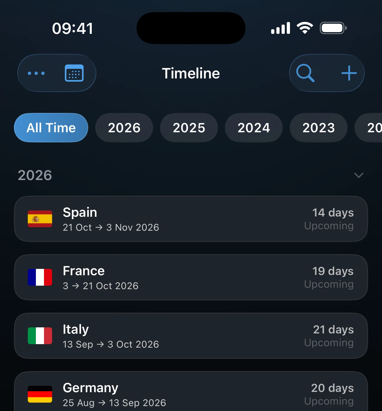 Timeline list showing Schengen stays recorded with exact dates