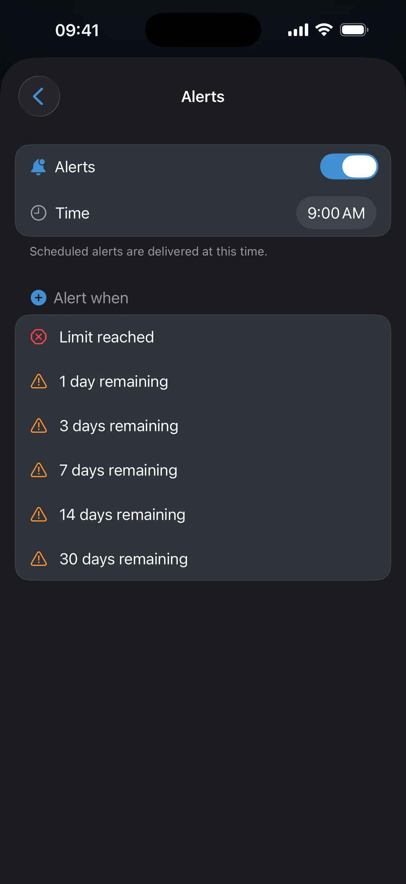 Smart Alert settings screen