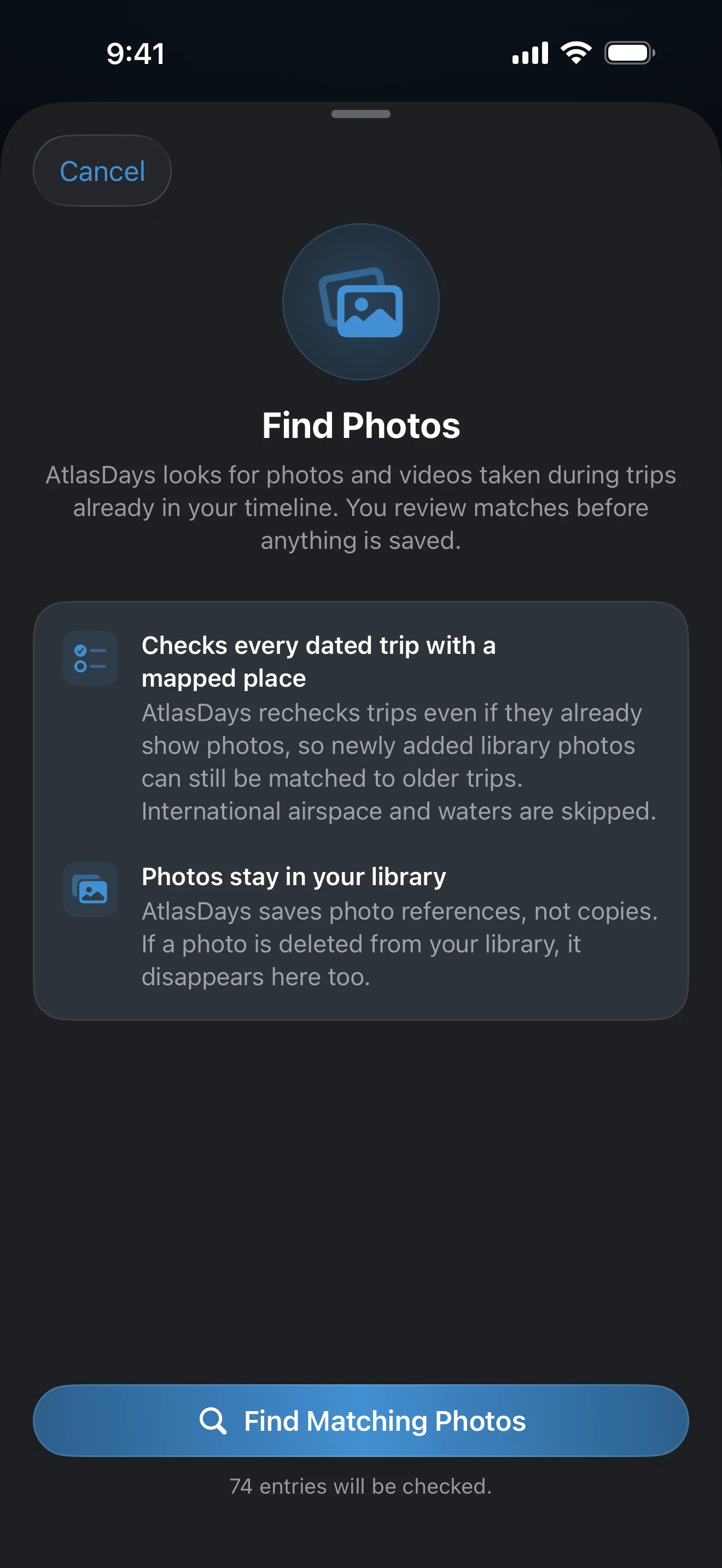 Find Photos sheet with the Find Matching Photos button