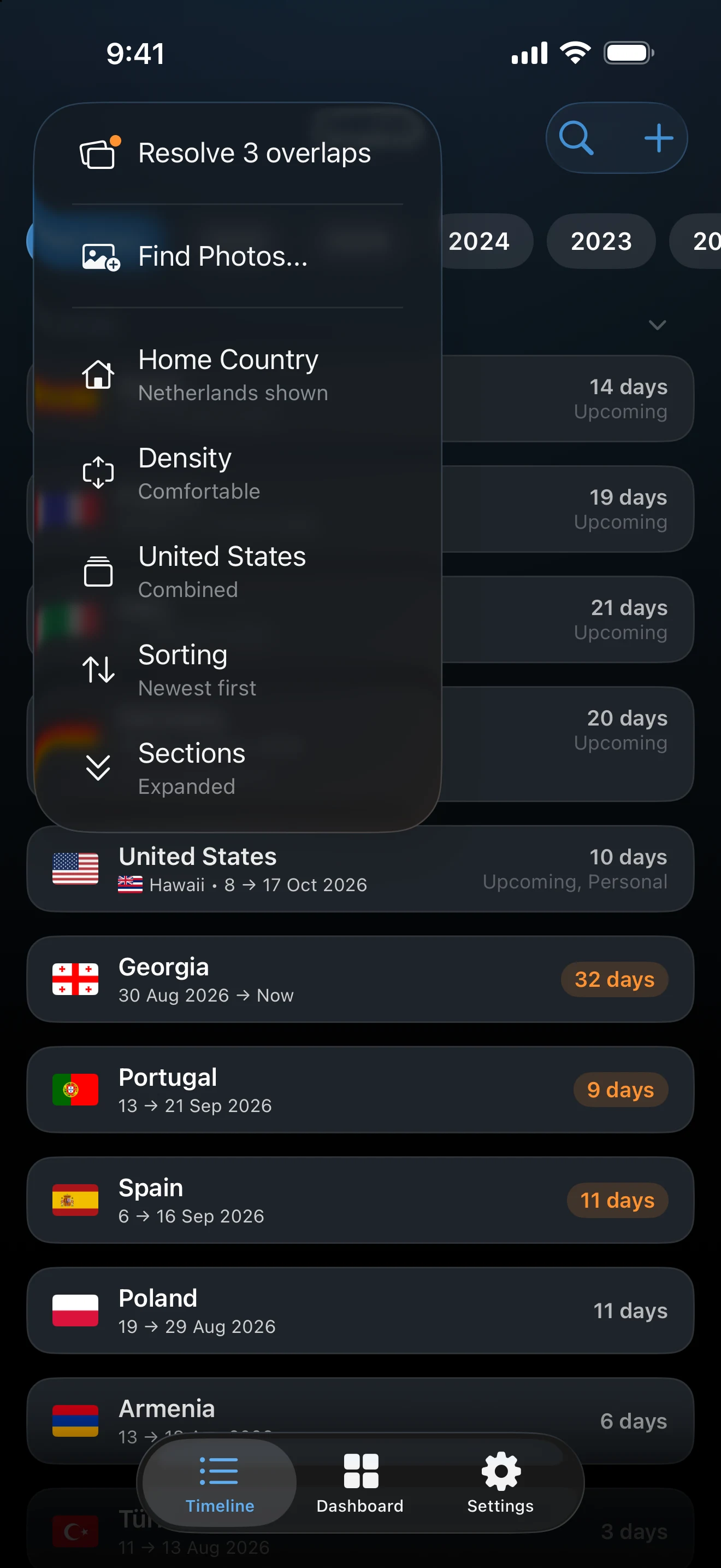 Timeline menu listing Resolve overlaps, Find Photos, Home Country, Density, United States, Sorting, and Sections