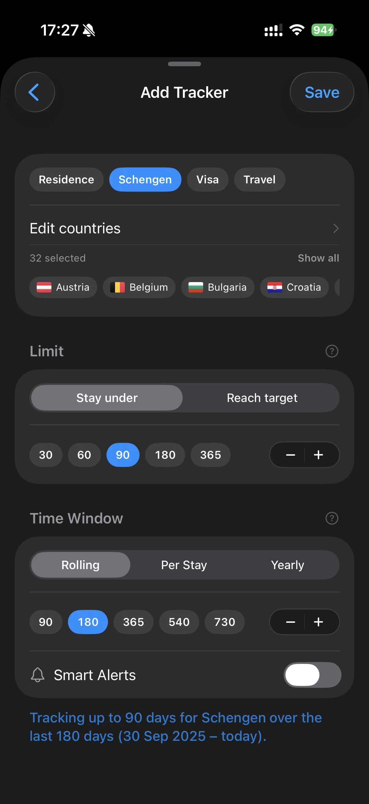 Tracker mode selector showing Stay under and Reach target options