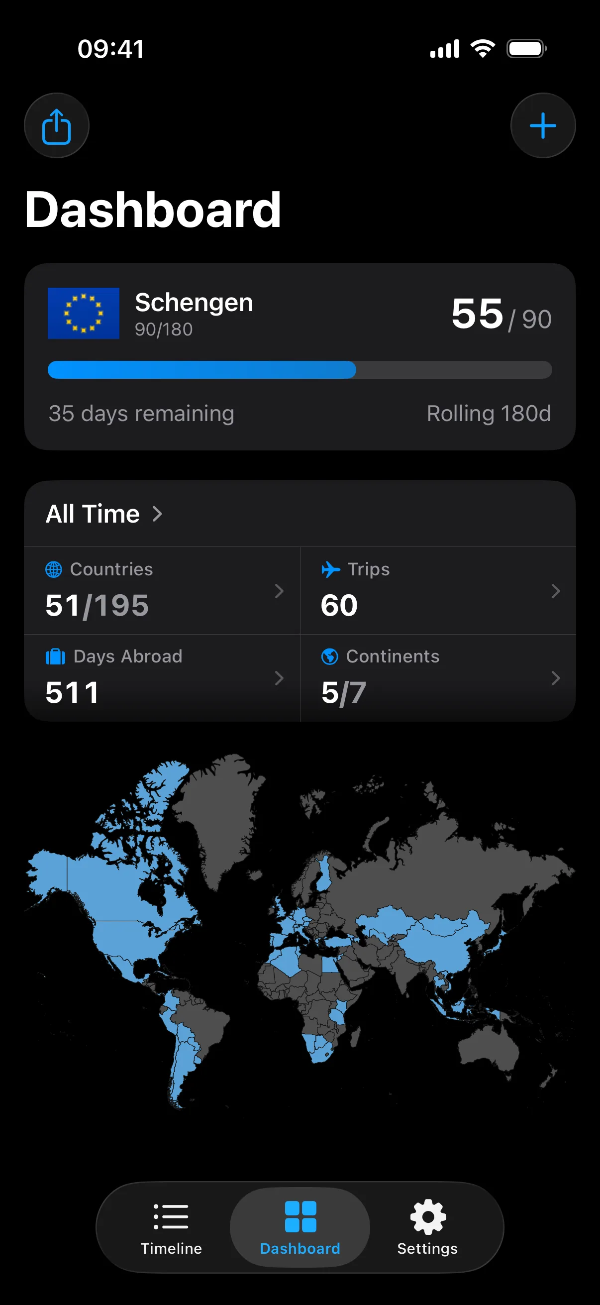 Dashboard showing a Schengen tracker card with used days, remaining days, and summary stats