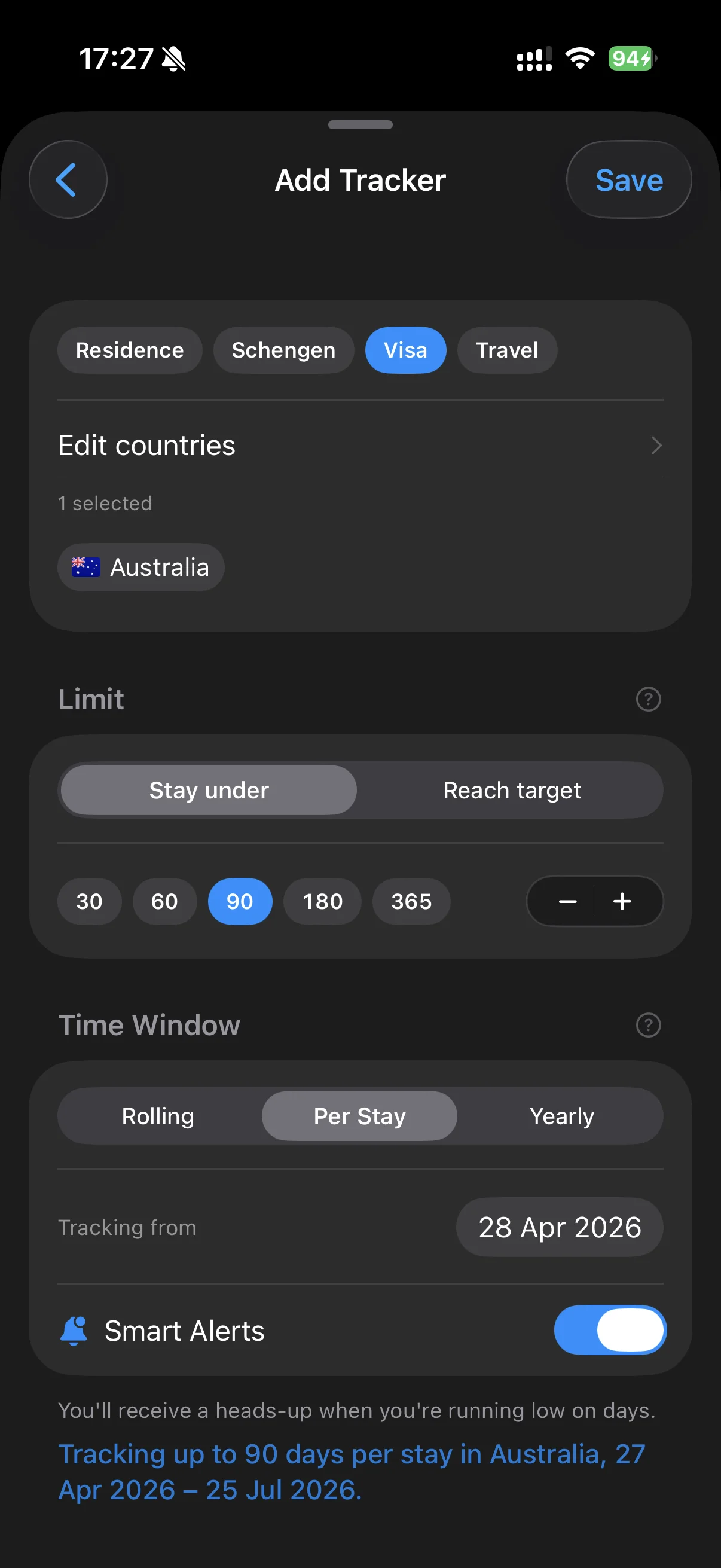 Tracker window selector showing Rolling, Per Stay, and Yearly options