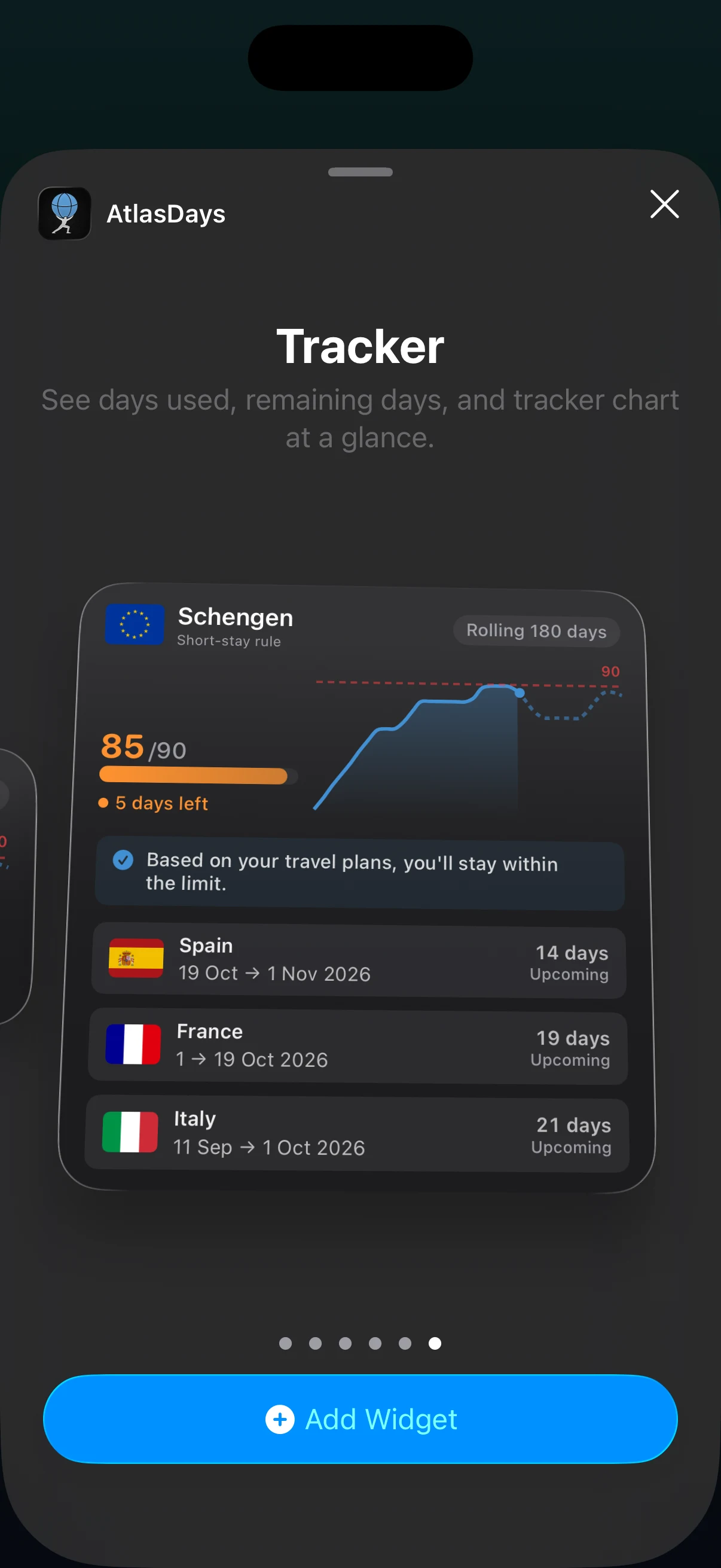 AtlasDaysの「トラッカー」と「世界地図」が並んだiOSのウィジェットギャラリー