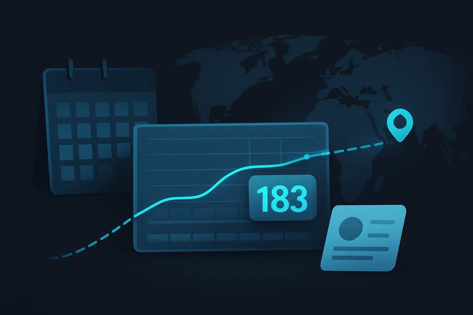 Hero illustration for 183-Day Tax Residency Rule: What Travelers Need to Know, showing yearly threshold counting, calendar blocks, and residency-day markers in the AtlasDays visual style.