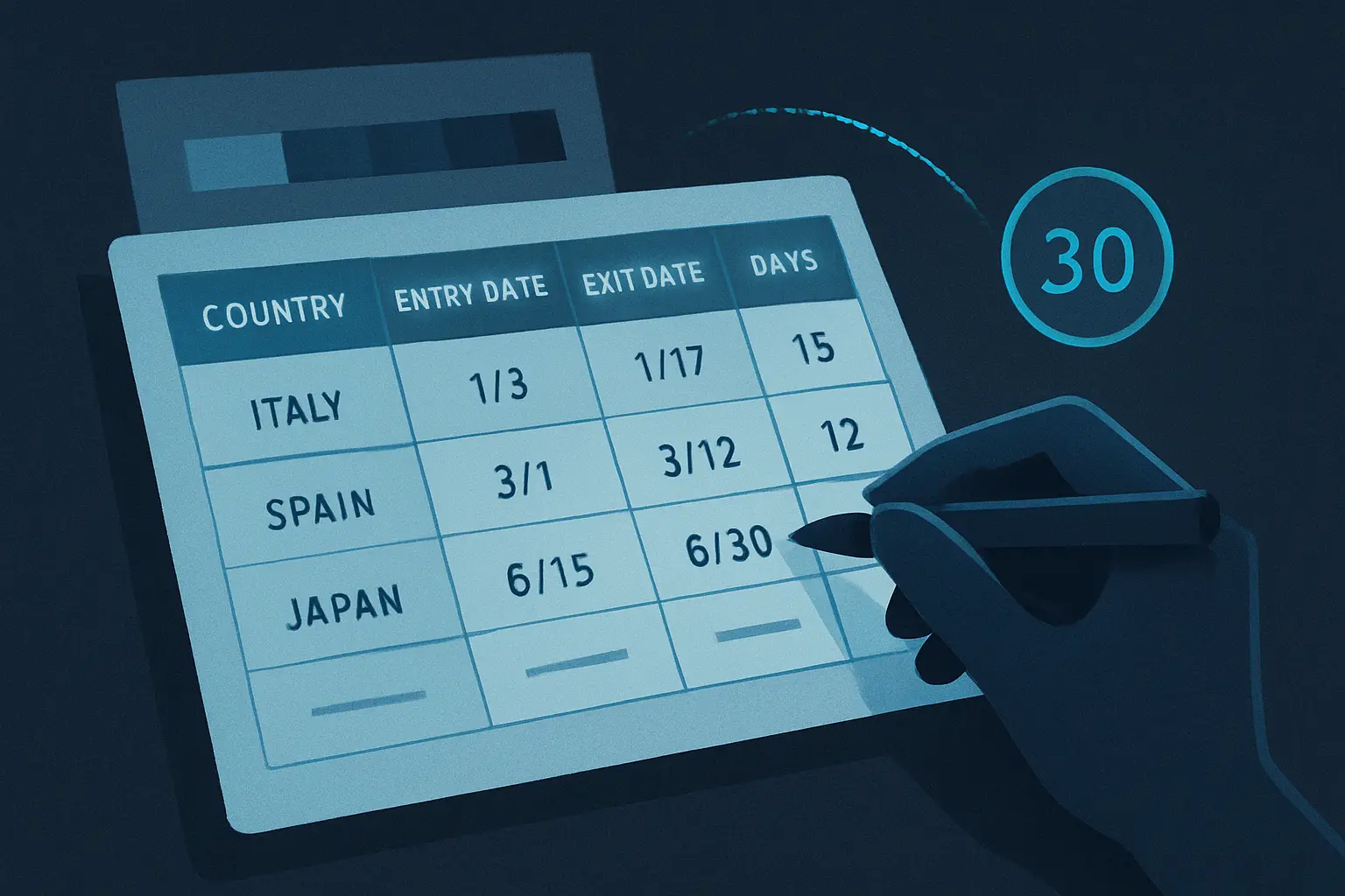 Supporting illustration for How to Track Your Travel Days (And Why Spreadsheets Fail), focused on spreadsheets, note-taking, and fragmented travel records in the AtlasDays visual style.