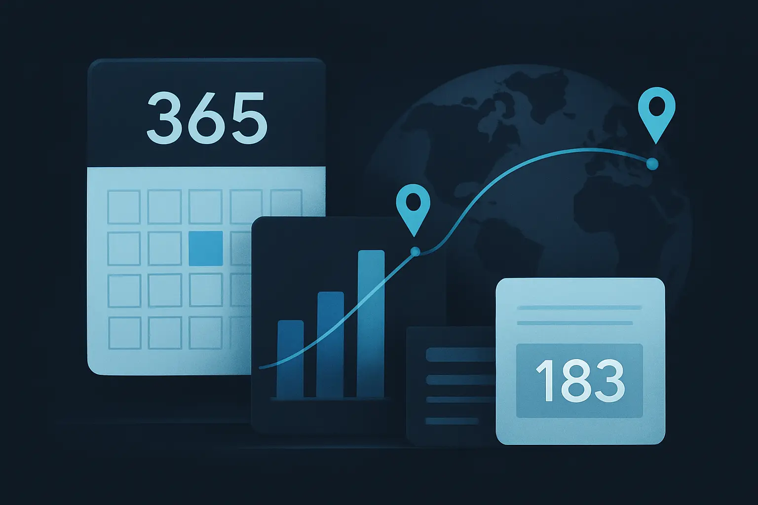 Hero illustration for How to Track Your Travel Days (And Why Spreadsheets Fail), showing yearly threshold counting, calendar blocks, and residency-day markers in the AtlasDays visual style.