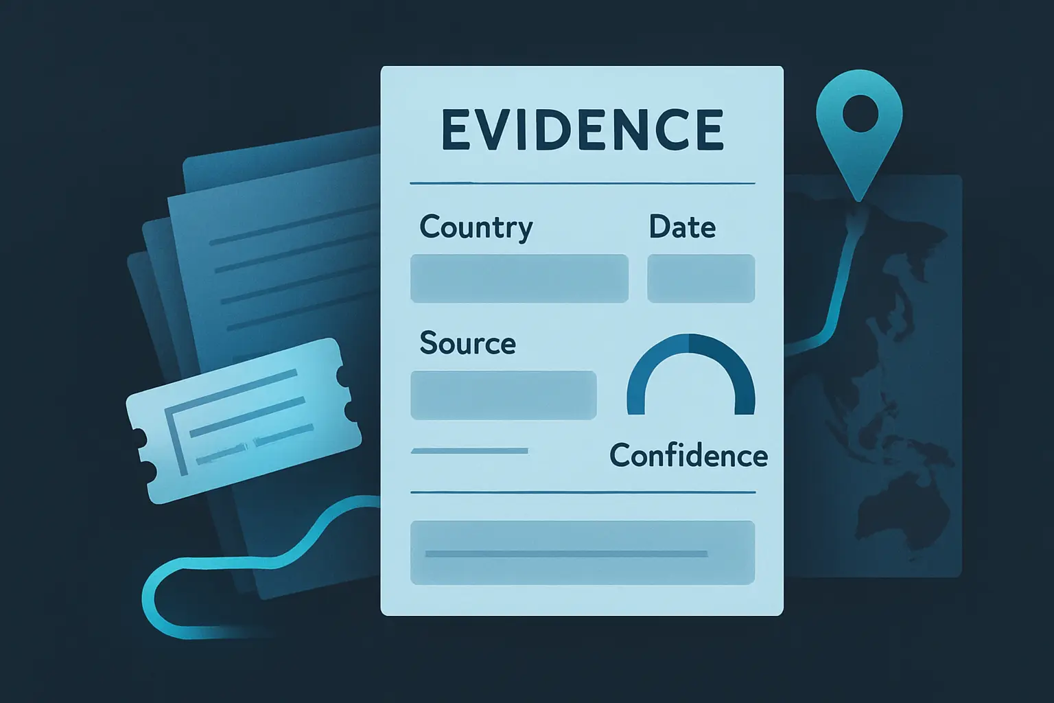 Supporting illustration for How to Prove Time Spent in a Country When You Don't Have Perfect Records, focused on chronology-building, evidence layers, and confidence notes in the AtlasDays visual style.