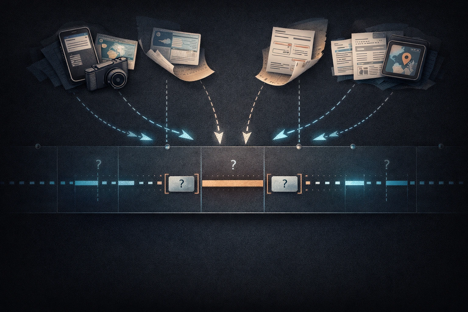 Supporting illustration for How to Prove You Were Not in a Country, focused on when manual chronology-building starts to break down in the AtlasDays visual style.