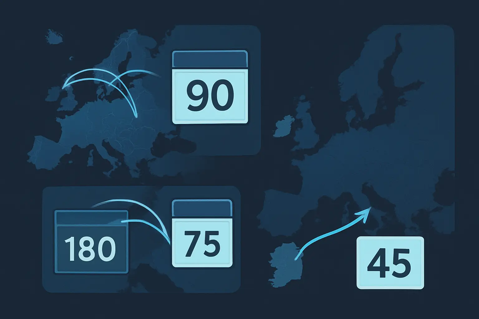 Supporting illustration for what the Schengen 90-day rule in Europe means, focused on common scenarios that trip people up in the AtlasDays visual style.