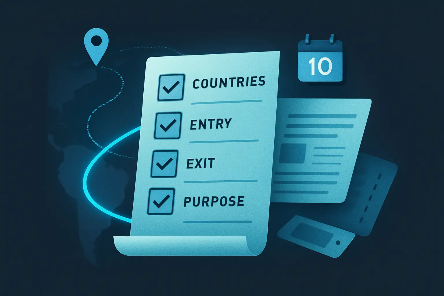 Supporting illustration for How to Prepare Travel History for a Visa Application, focused on usable travel-history fields, chronology, and supporting evidence in the AtlasDays visual style.