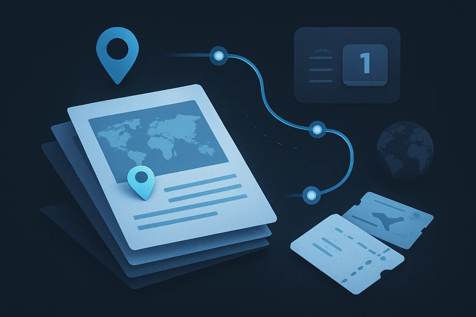 Hero illustration for How to Prepare Travel History for a Visa Application, showing travel-history documents, timelines, and map-pin evidence in the AtlasDays visual style.