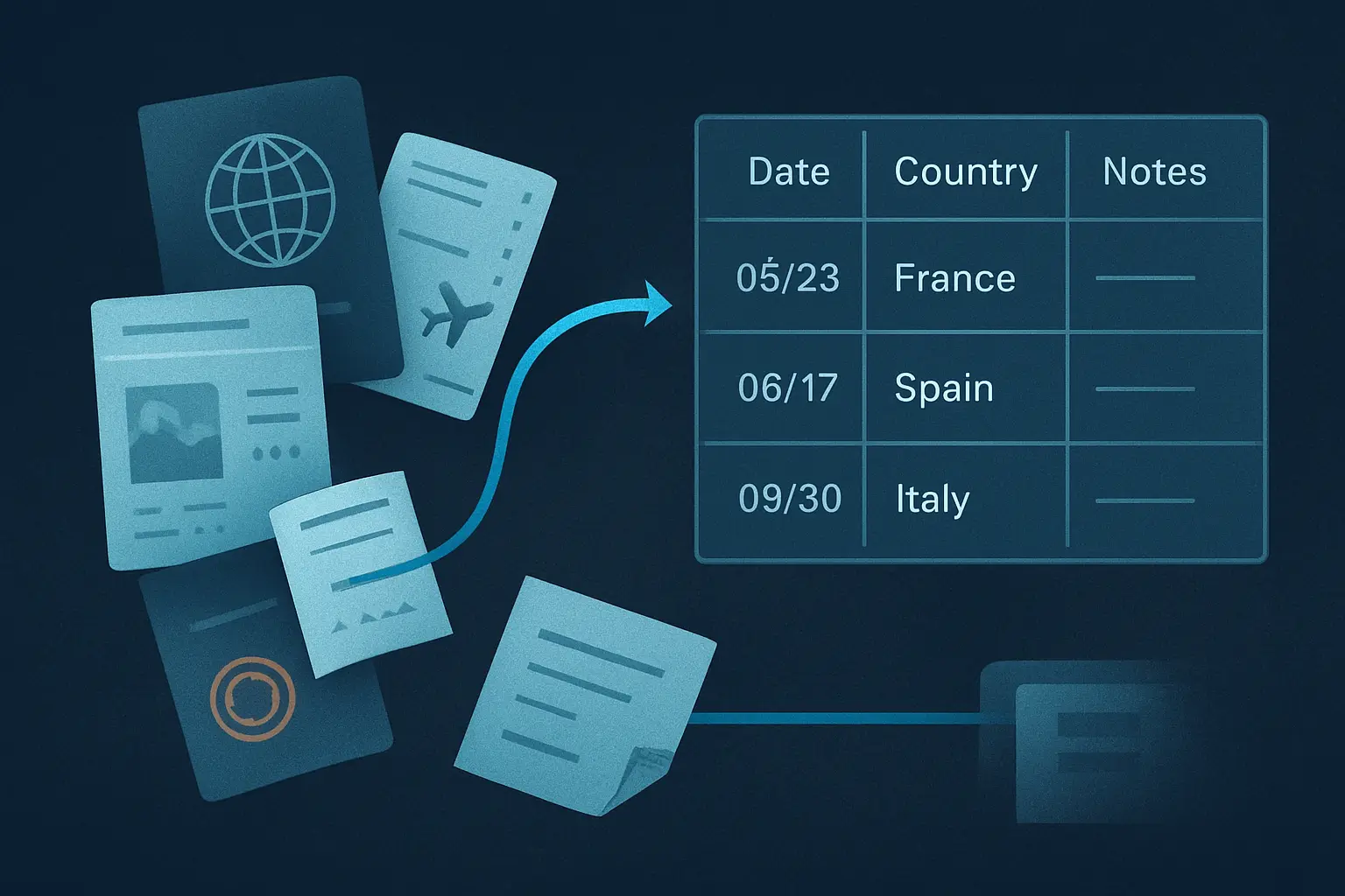 Supporting illustration for Travel History Template for Visa Applications, focused on what fields a strong template often includes in the AtlasDays visual style.