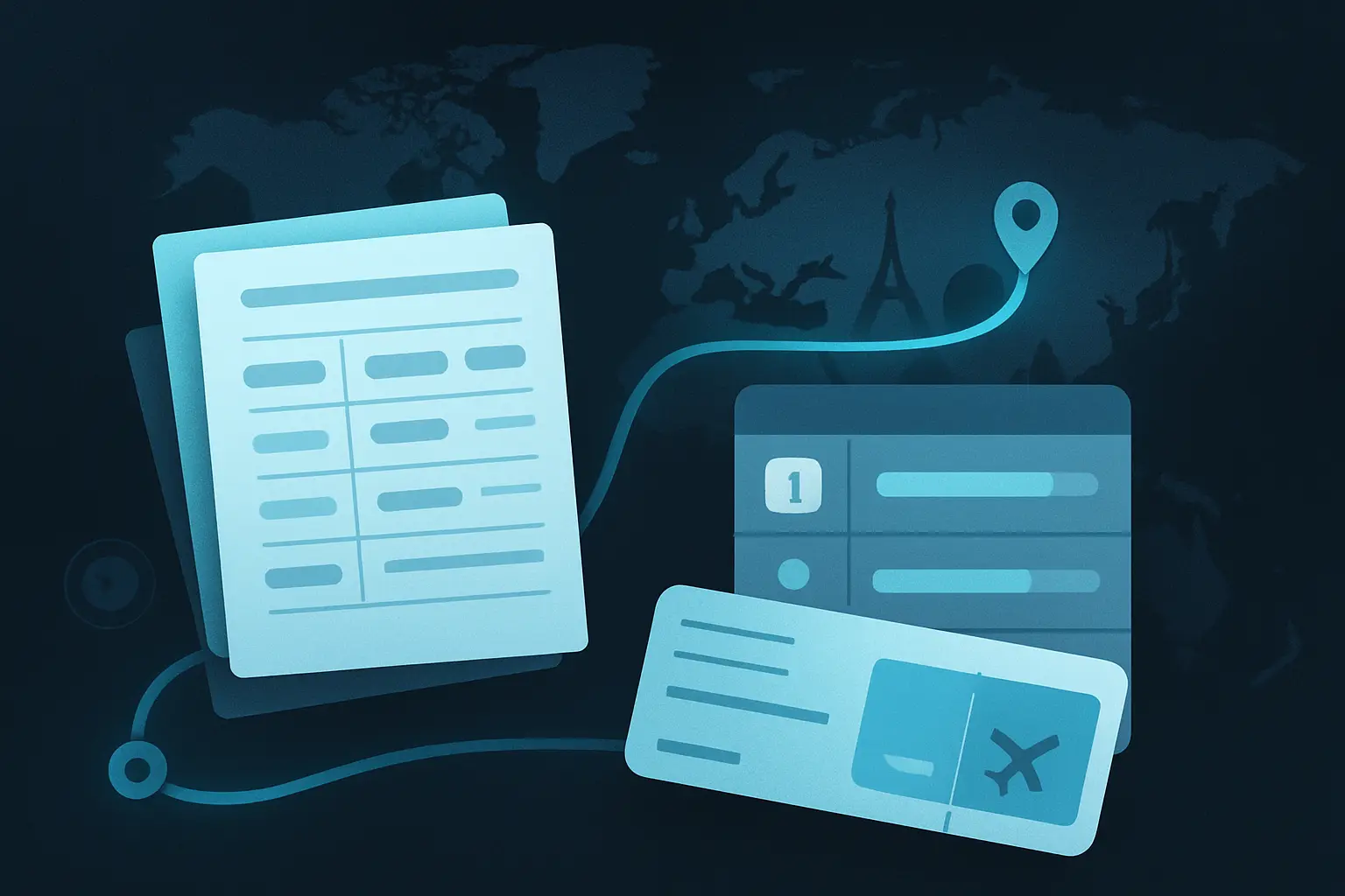 Hero illustration for Travel History Template for Visa Applications, showing travel-history documents, timelines, and map-pin evidence in the AtlasDays visual style.