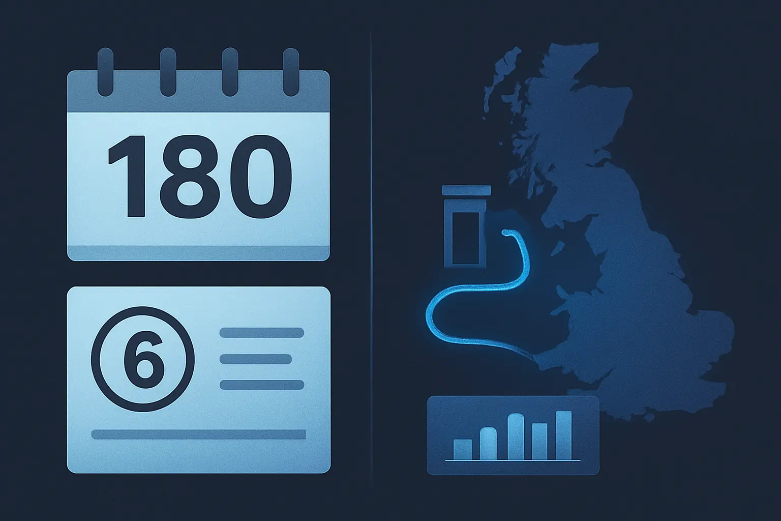 Supporting illustration for UK Standard Visitor: How Length of Stay Is Assessed, focused on visit length, genuine visitor assessment, and repeated-visit pattern in the AtlasDays visual style.