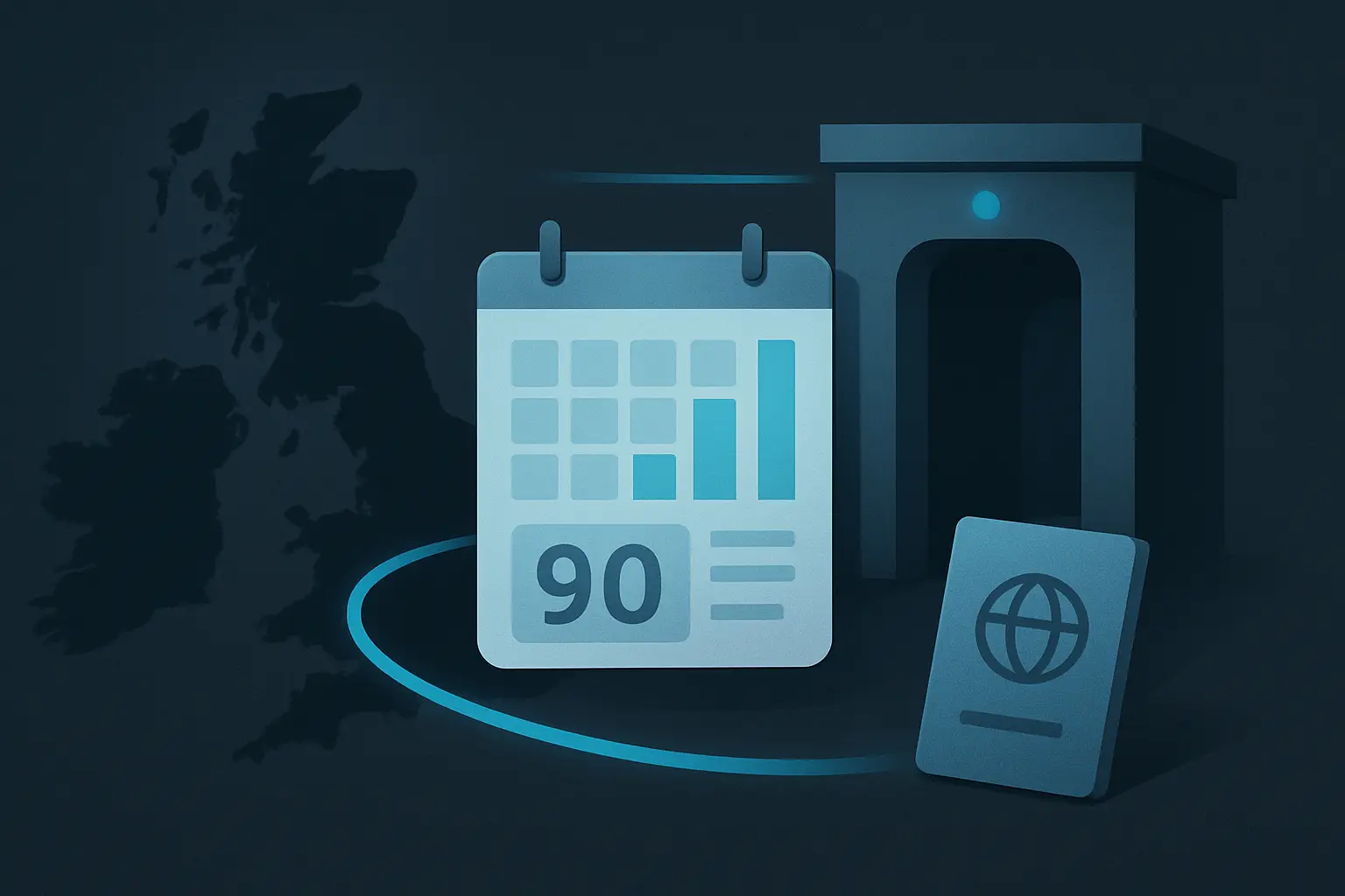 Hero illustration for UK Standard Visitor: How Length of Stay Is Assessed, showing UK travel-rule motifs, duration bars, and trip checkpoints in the AtlasDays visual style.