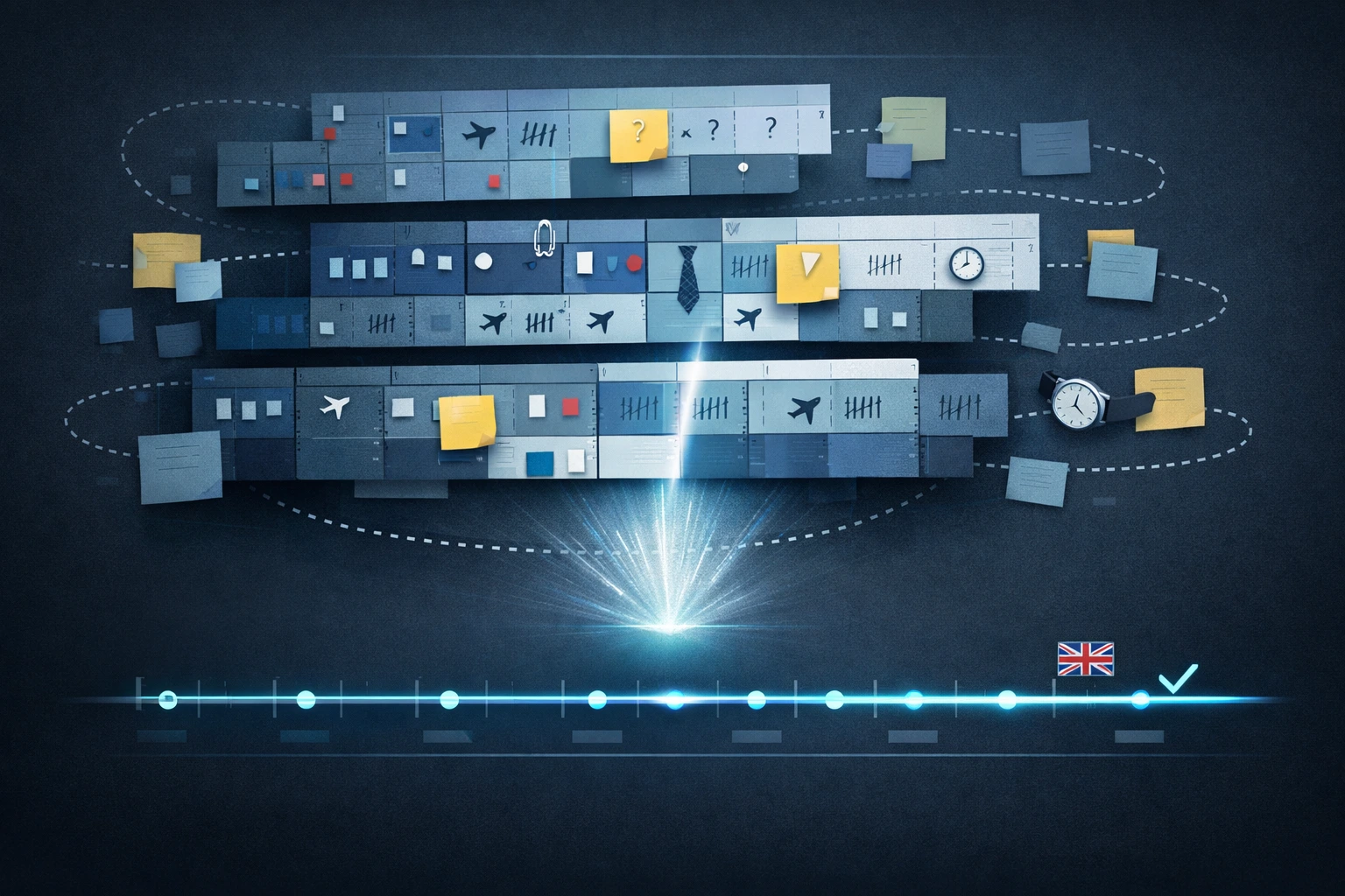 Interim supporting illustration for UK Citizenship Absence Limits, focused on dated UK travel records, evidence-ready timelines, and multi-year chronology review in the AtlasDays visual style.
