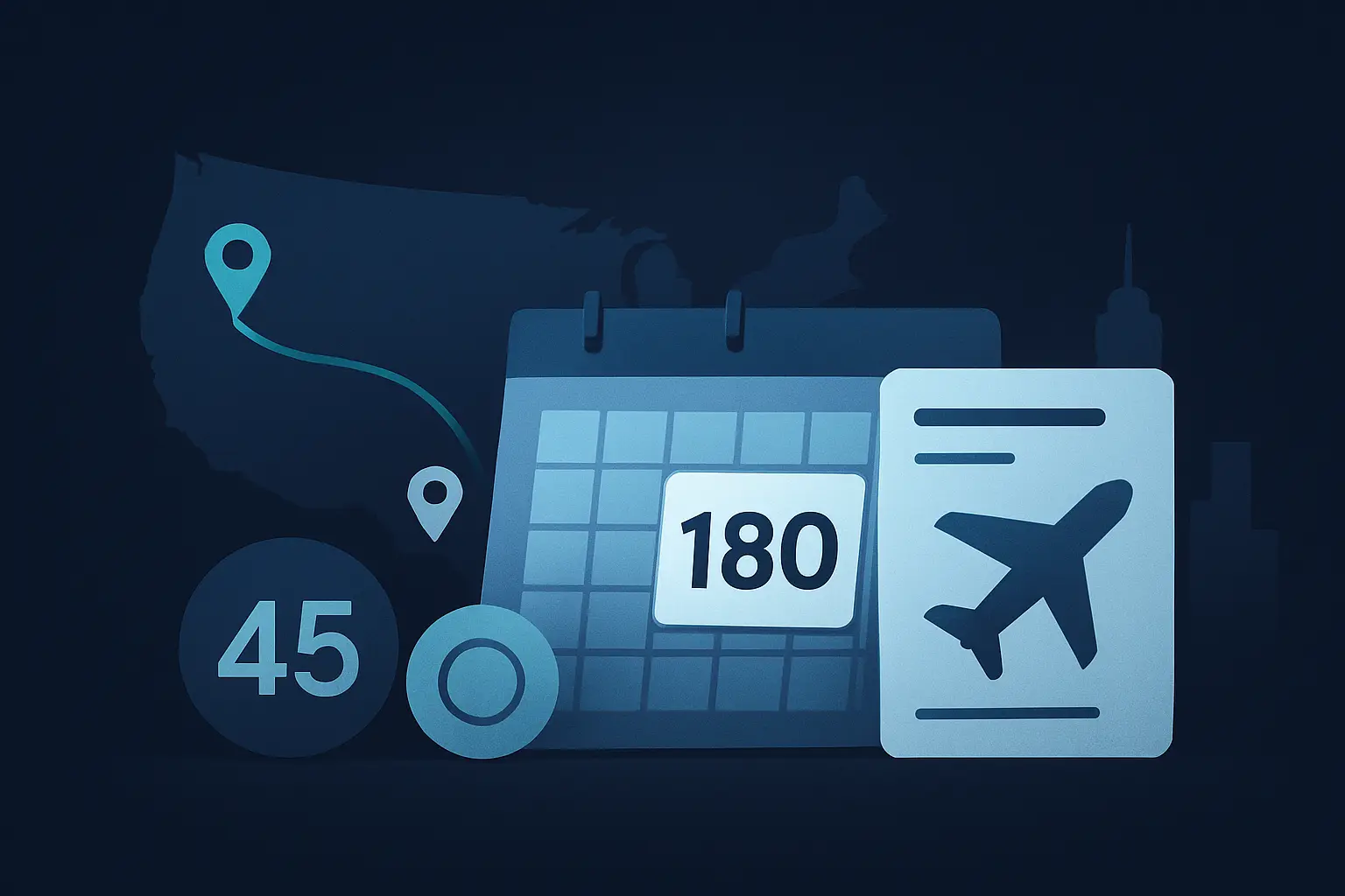 Hero illustration for US B1/B2 Visa: Understanding the 180-Day Stay Limit, showing US travel-day planning motifs and arrival-departure markers in the AtlasDays visual style.