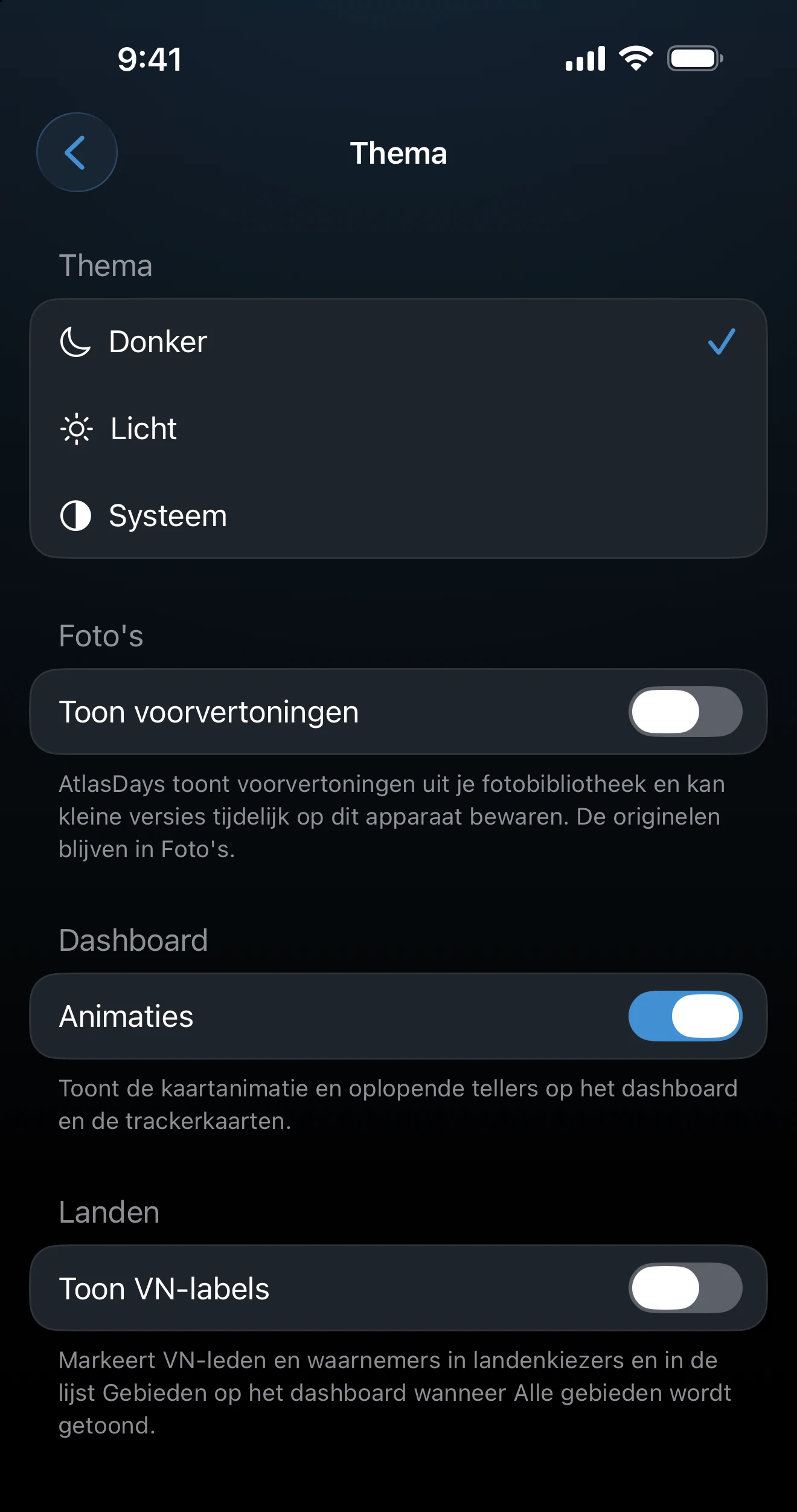 Instellingen voor het thema met opties voor thema, foto's, dashboard en landen
