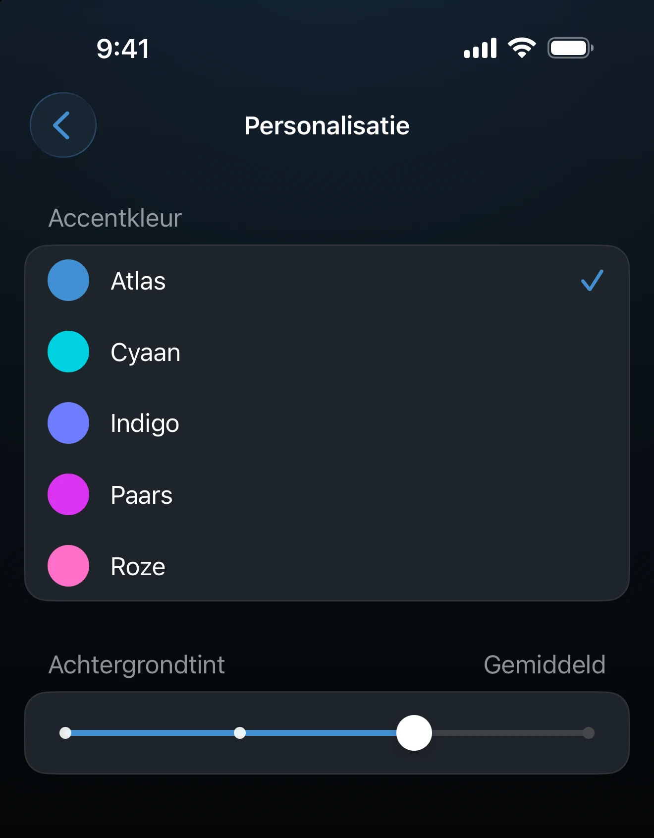 Personalisatiescherm met accentkleuren en de schuifregelaar voor achtergrondtint