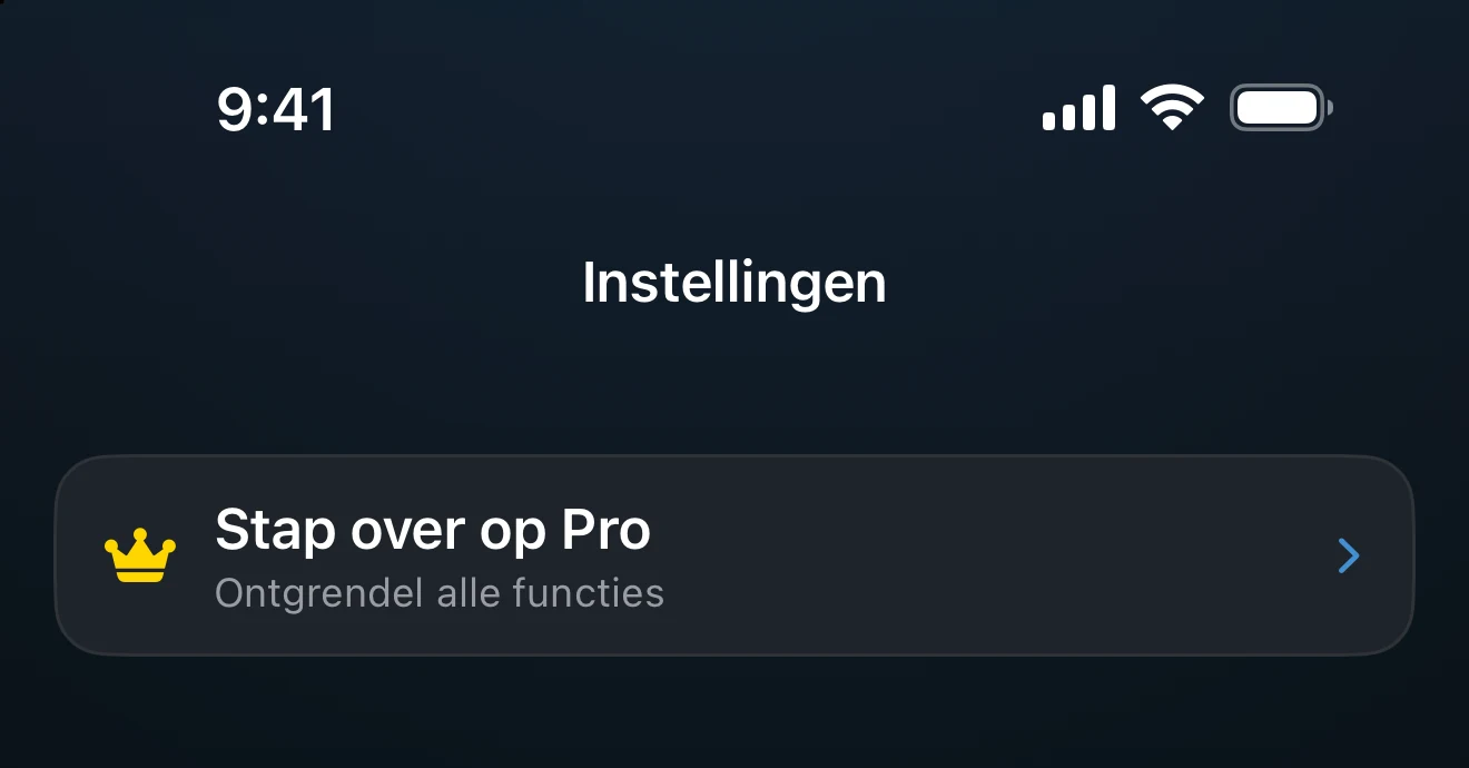 Instellingenscherm met de kaart Stap over op Pro