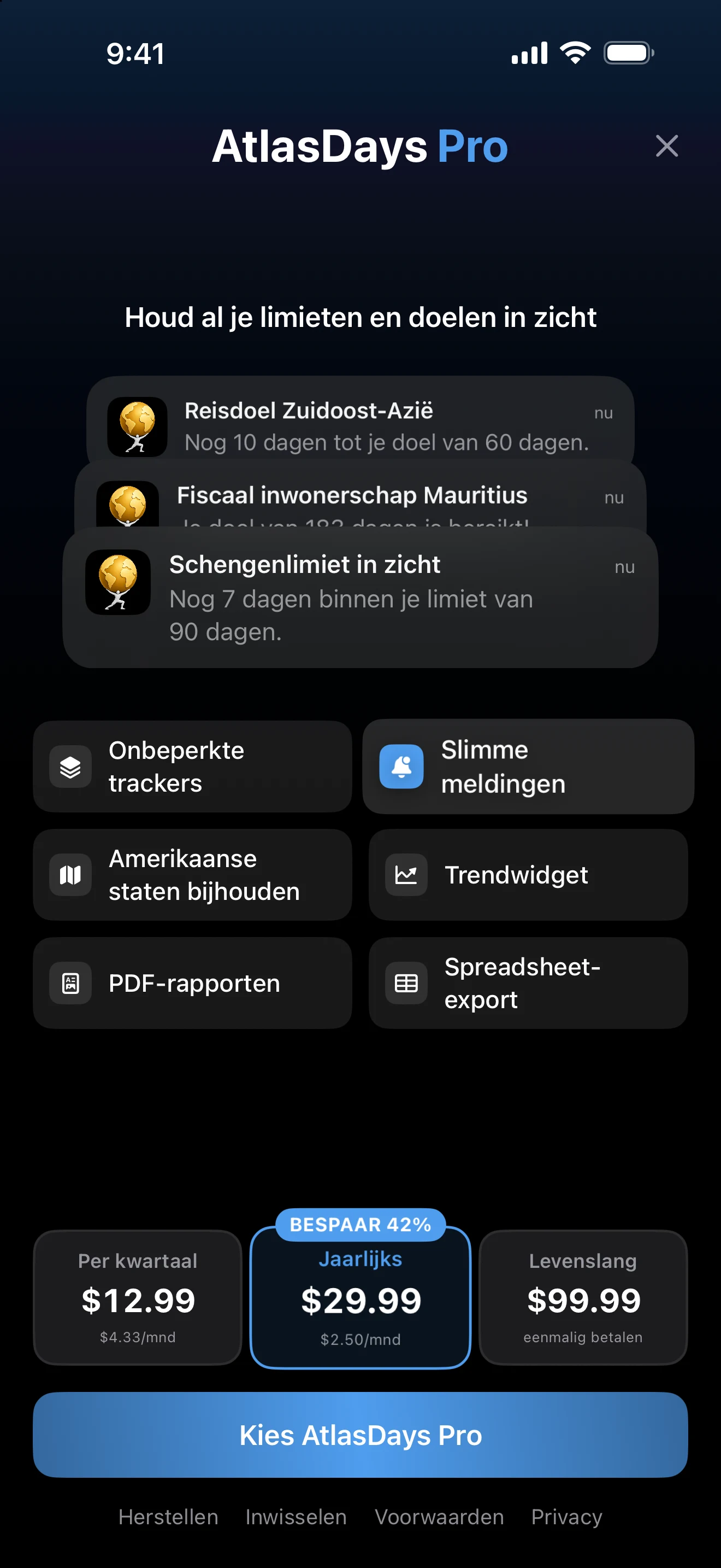 Upgradescherm van AtlasDays Pro met functielijst