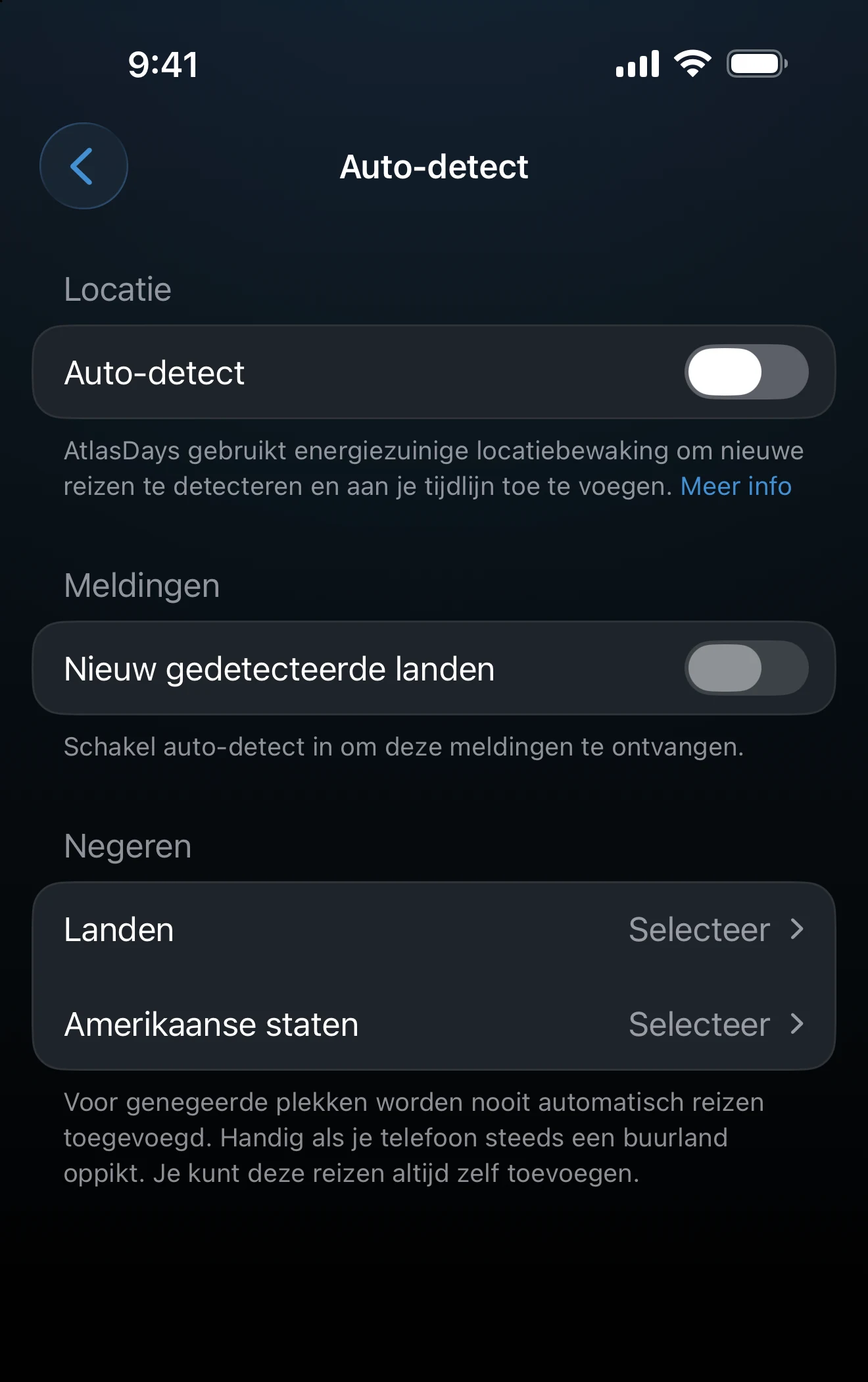 Instellingen voor automatische reisdetectie met locatie- en meldingsopties