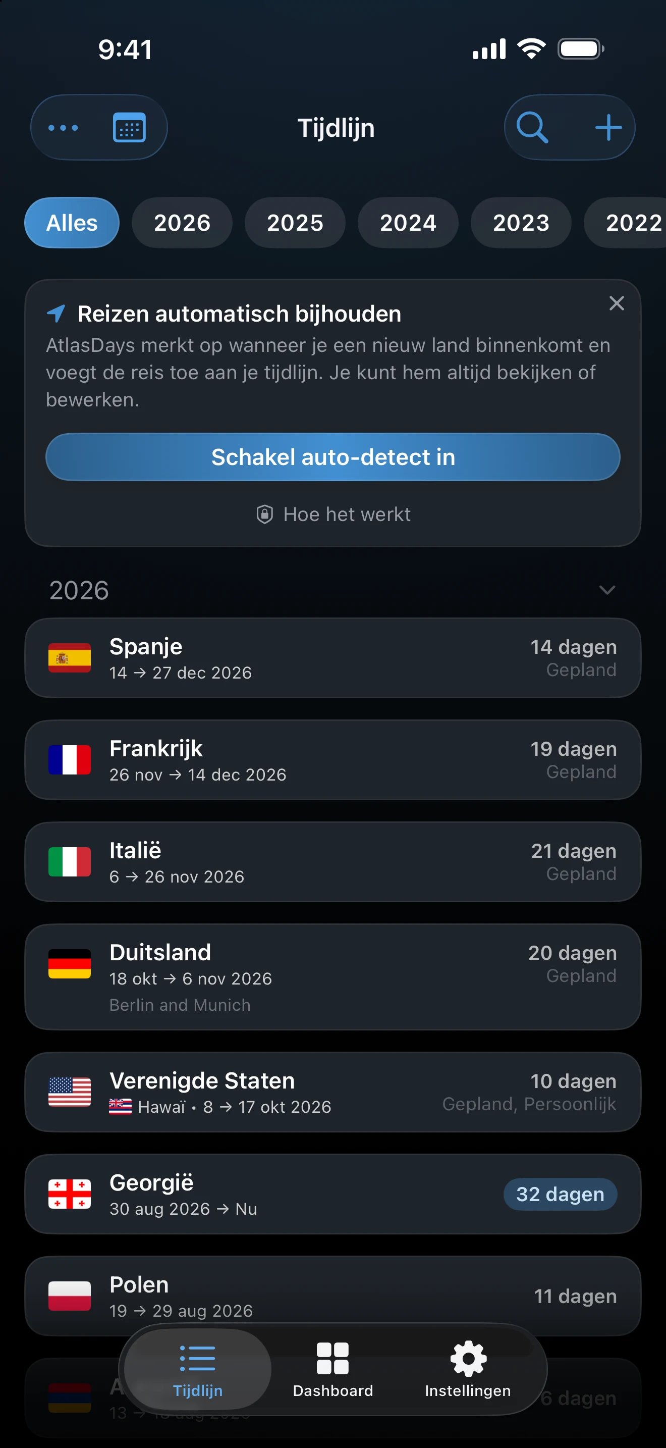 Tijdlijnkaart die aanbiedt om Auto-detect in te schakelen