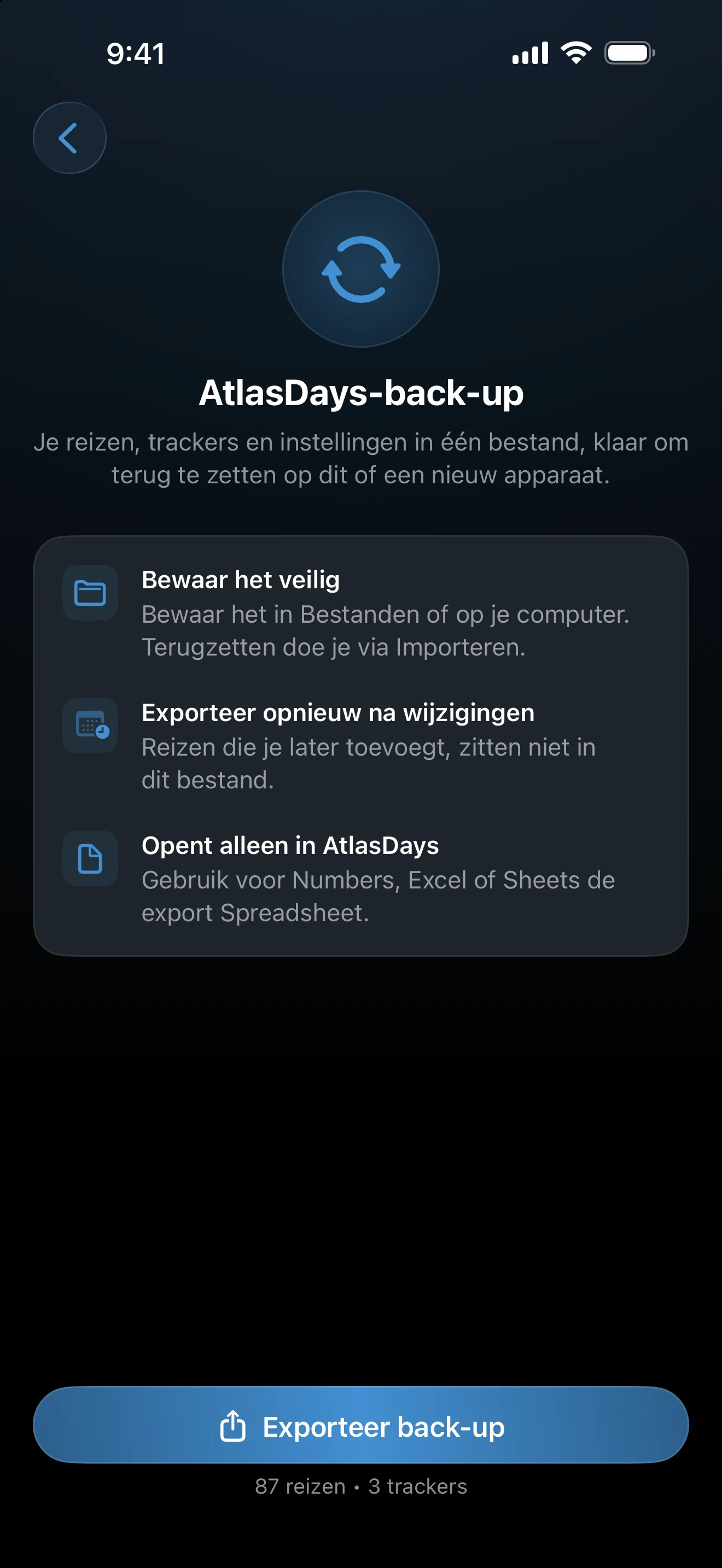 Scherm AtlasDays-back-up met de knop Exporteer back-up en het aantal reizen en trackers