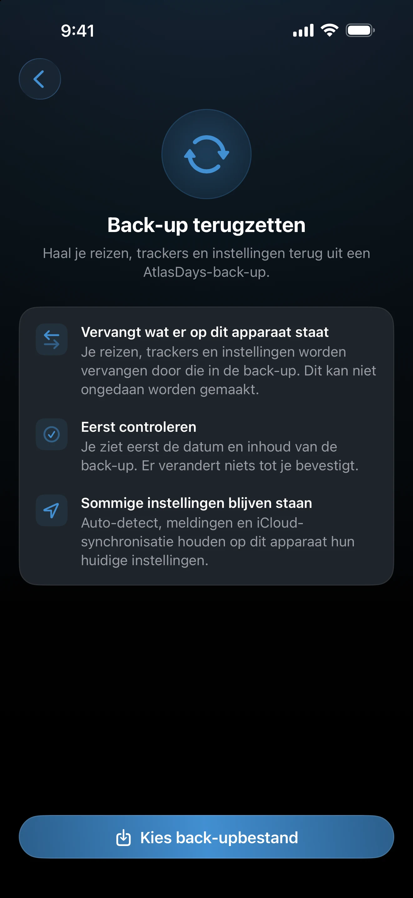 Scherm Back-up terugzetten met de knop Kies back-upbestand