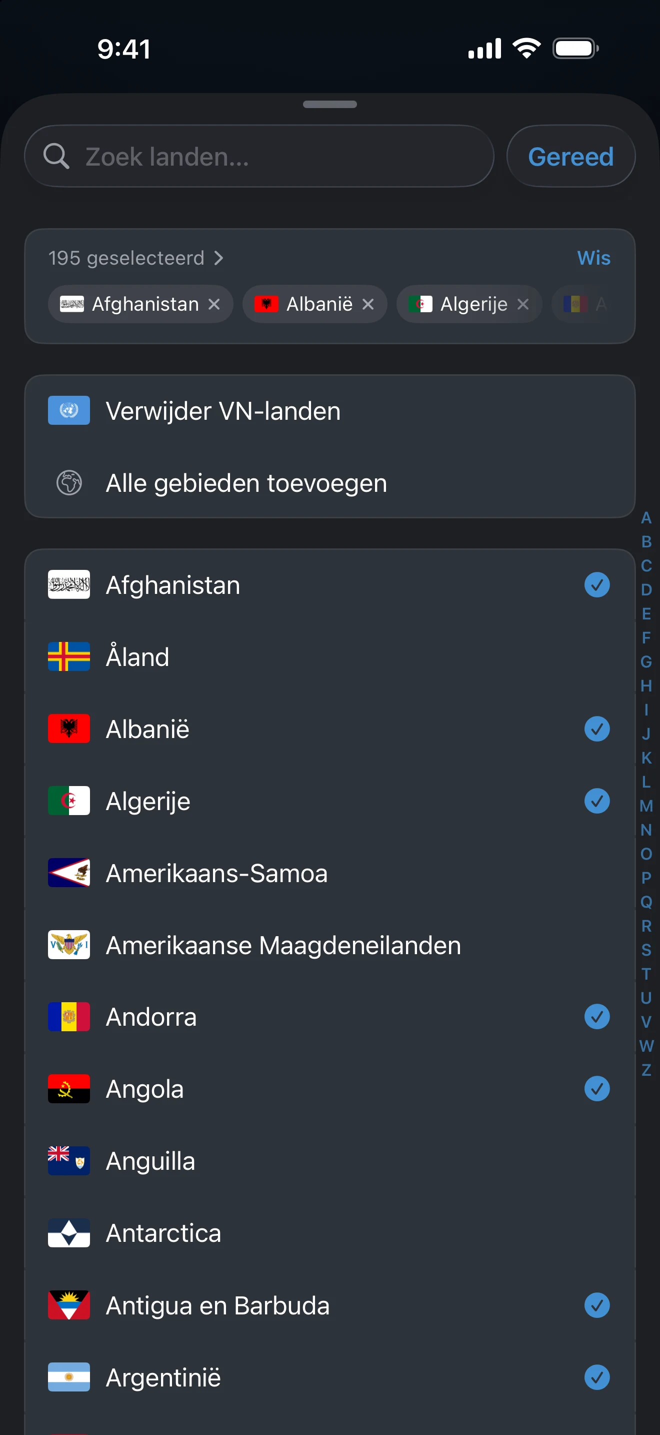 Kiezer voor de Landentelling met de preset VN-landen boven de lijst met plekken