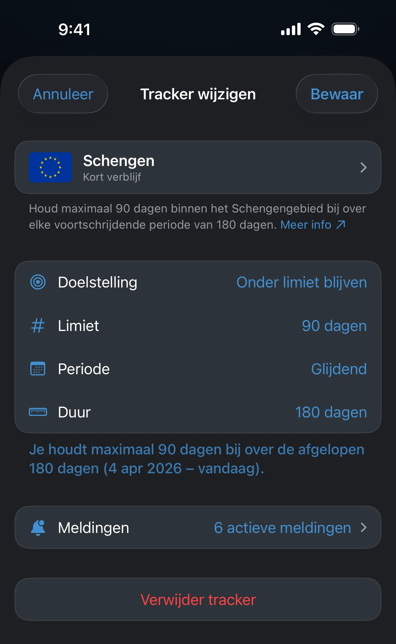Trackereditor met de rijen voor plekken, doelstelling, limiet en periode