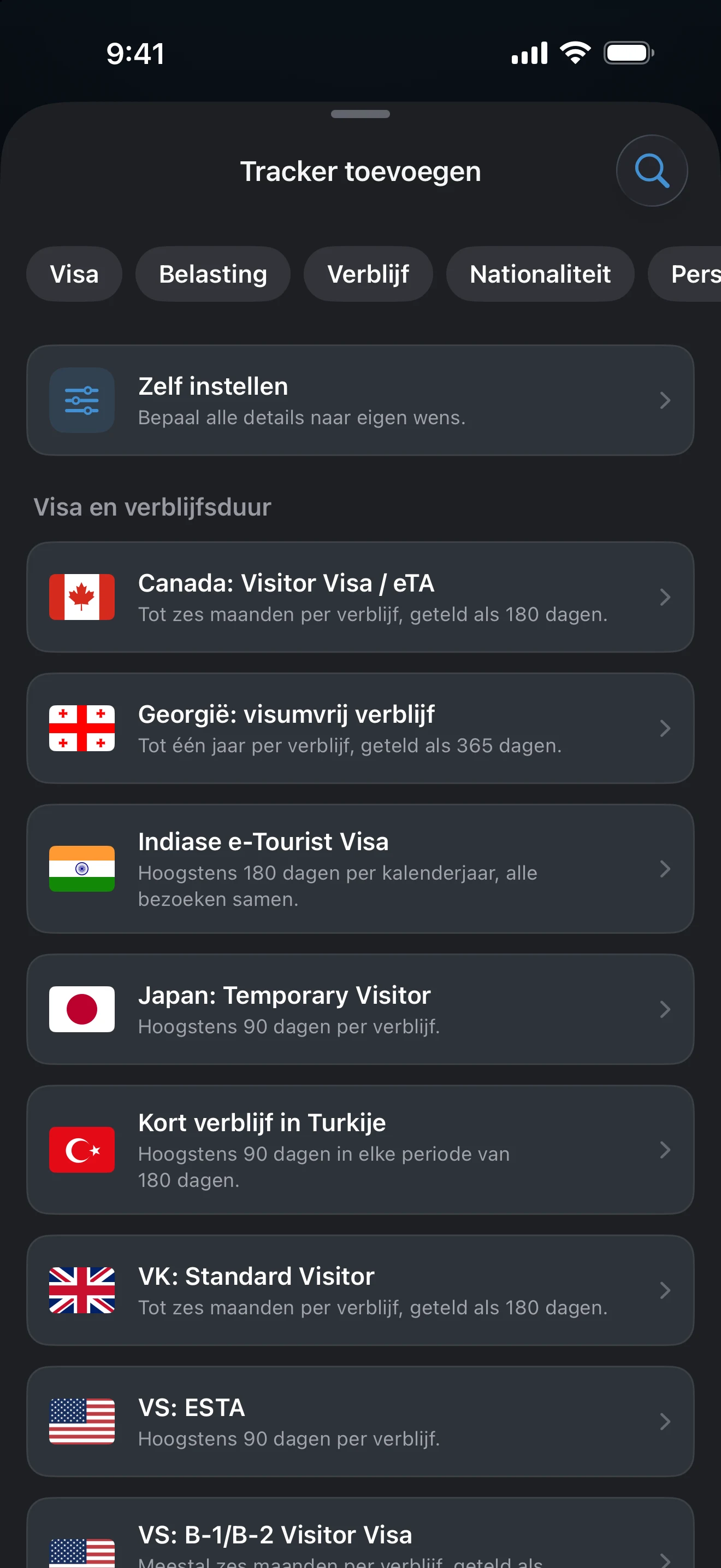 Venster Tracker toevoegen met de filterknoppen, de kaart Anders en de eerste presetsectie