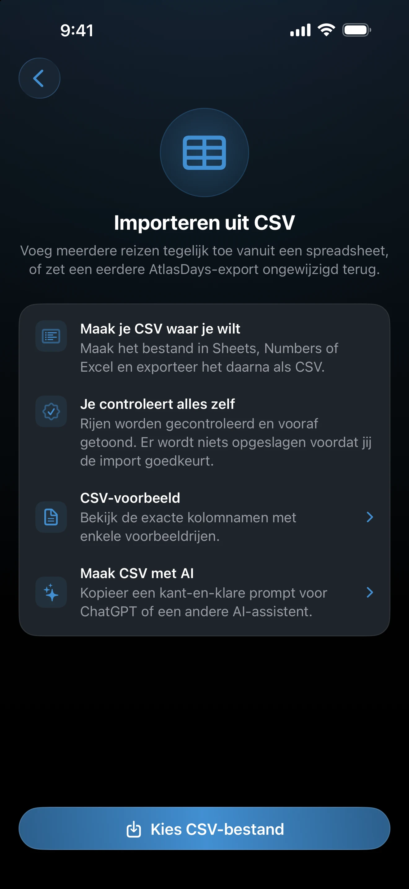 Instelscherm voor een CSV-import met voorbeeldbestand
