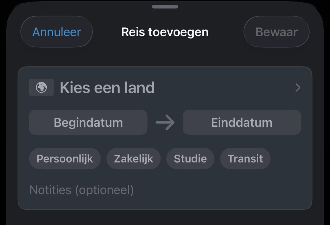Reisdatums met de begindatum en de einddatum