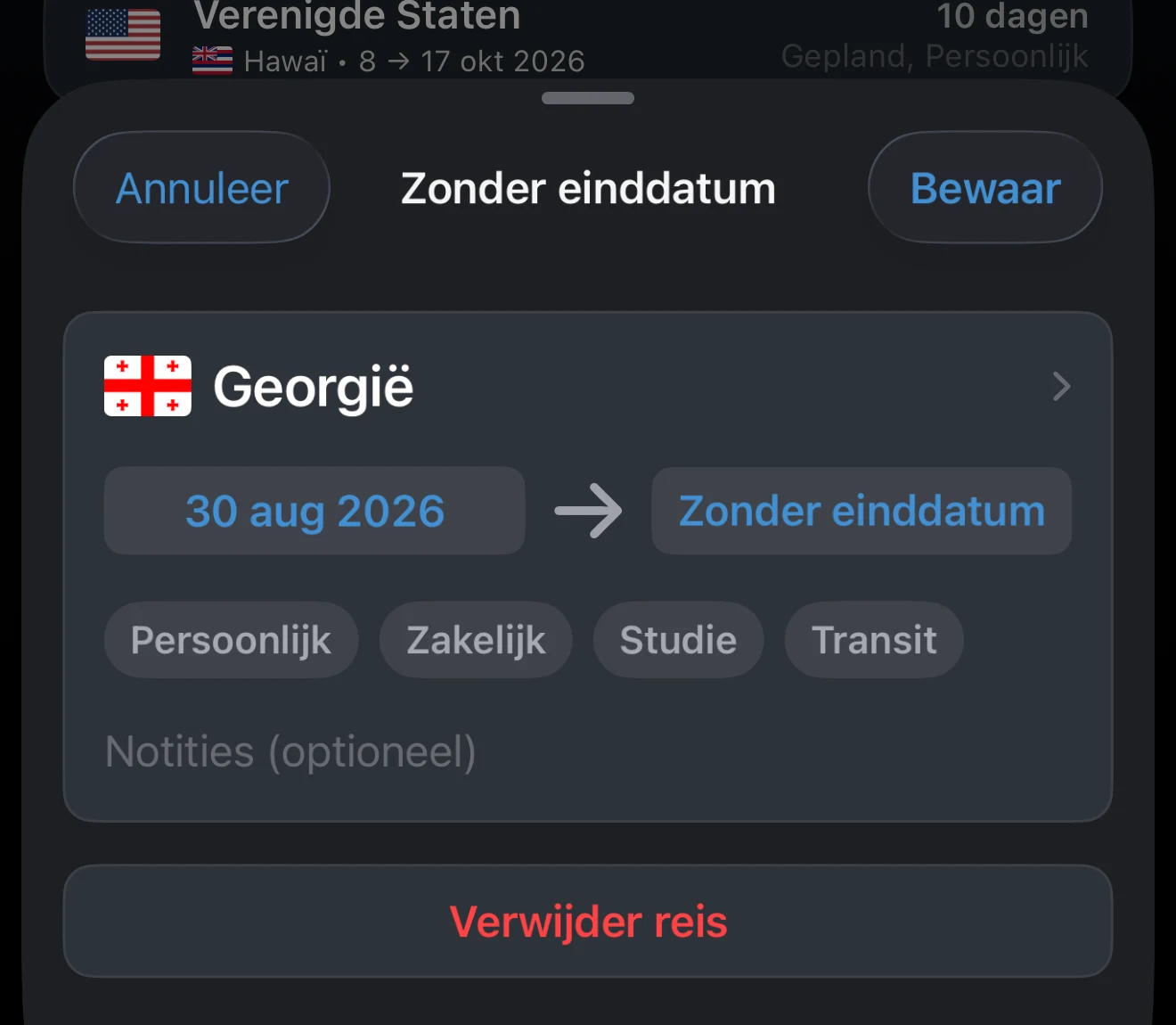 Reis die nog bezig is, zonder einddatum