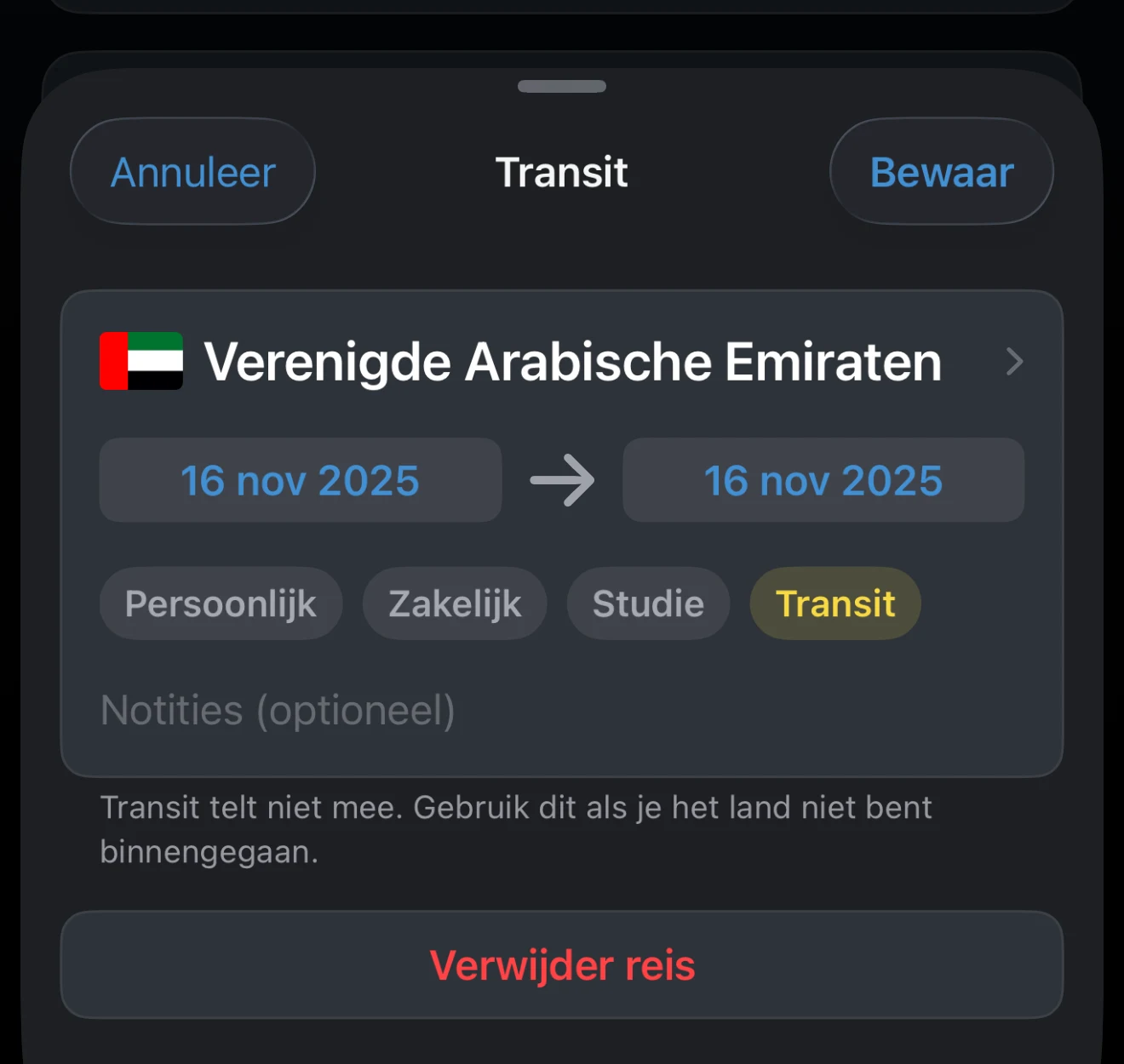 Reis met het soort reis Transit geselecteerd