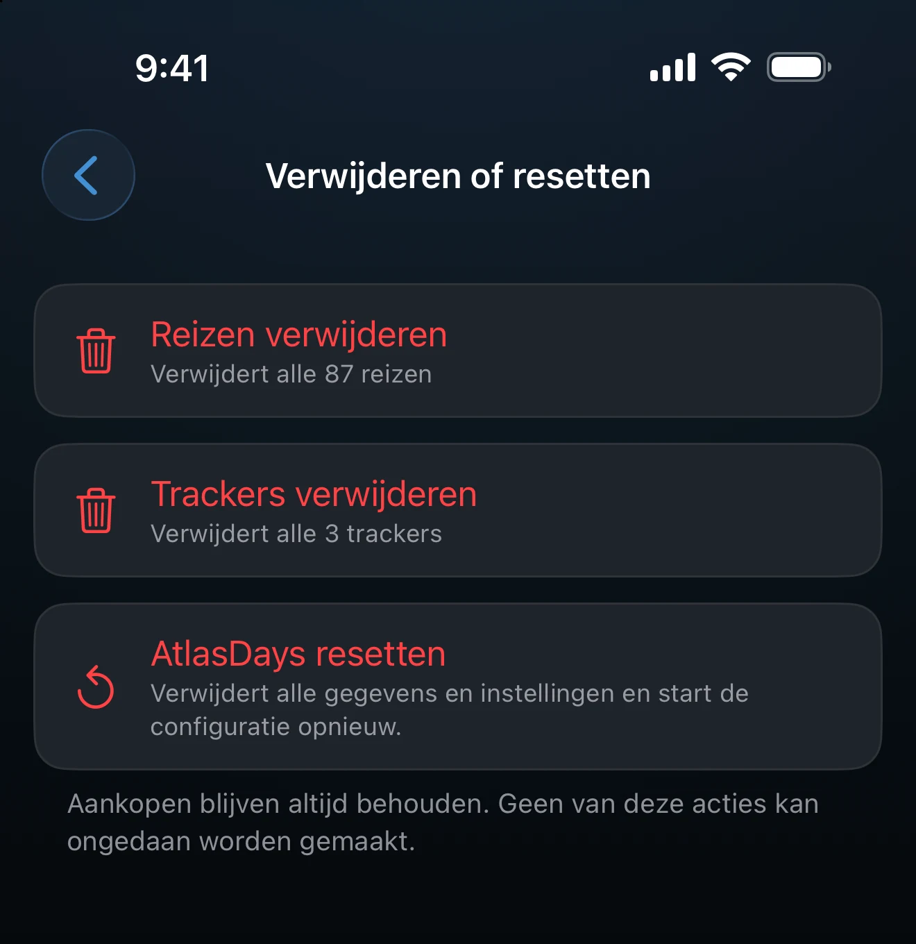 Scherm Verwijderen of resetten met de beschikbare acties