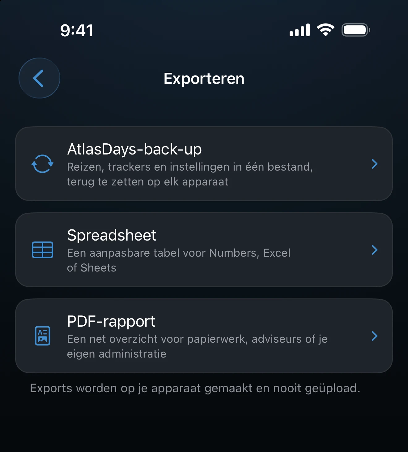 Exportscherm met AtlasDays-back-up, Spreadsheet en PDF-rapport