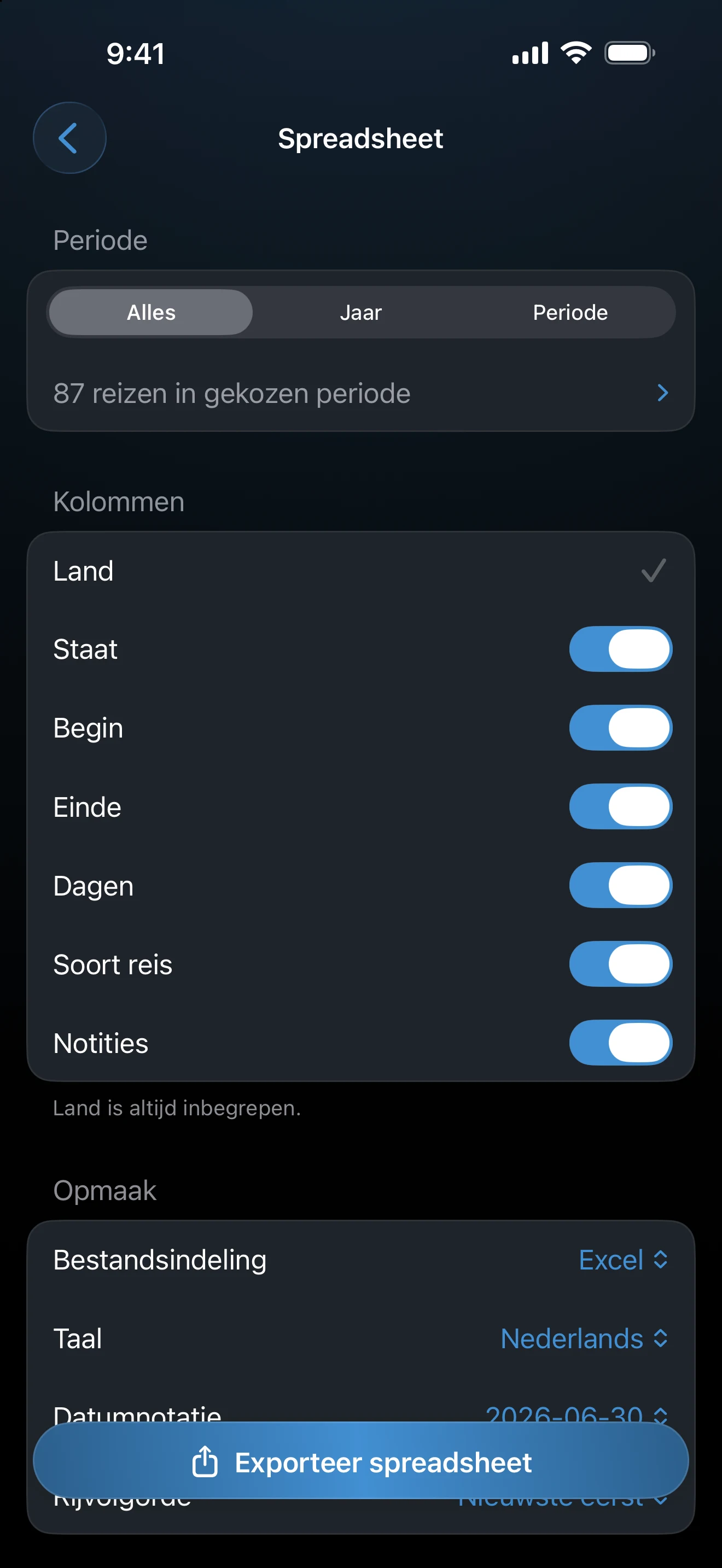 Instellingen voor een spreadsheetexport met periode-, formaat- en datumopties